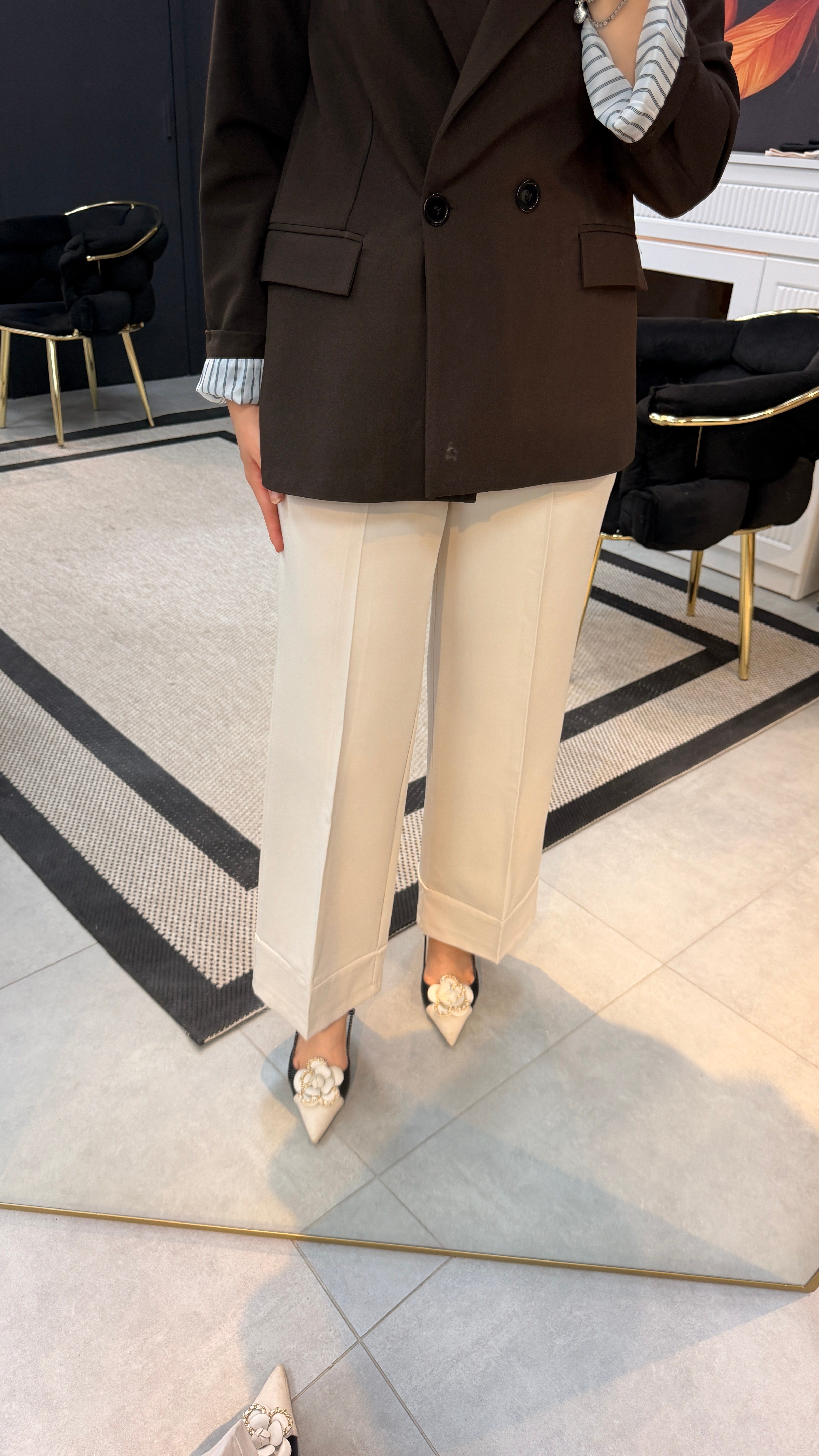 Bej  Krep Double Paça Pantolon 