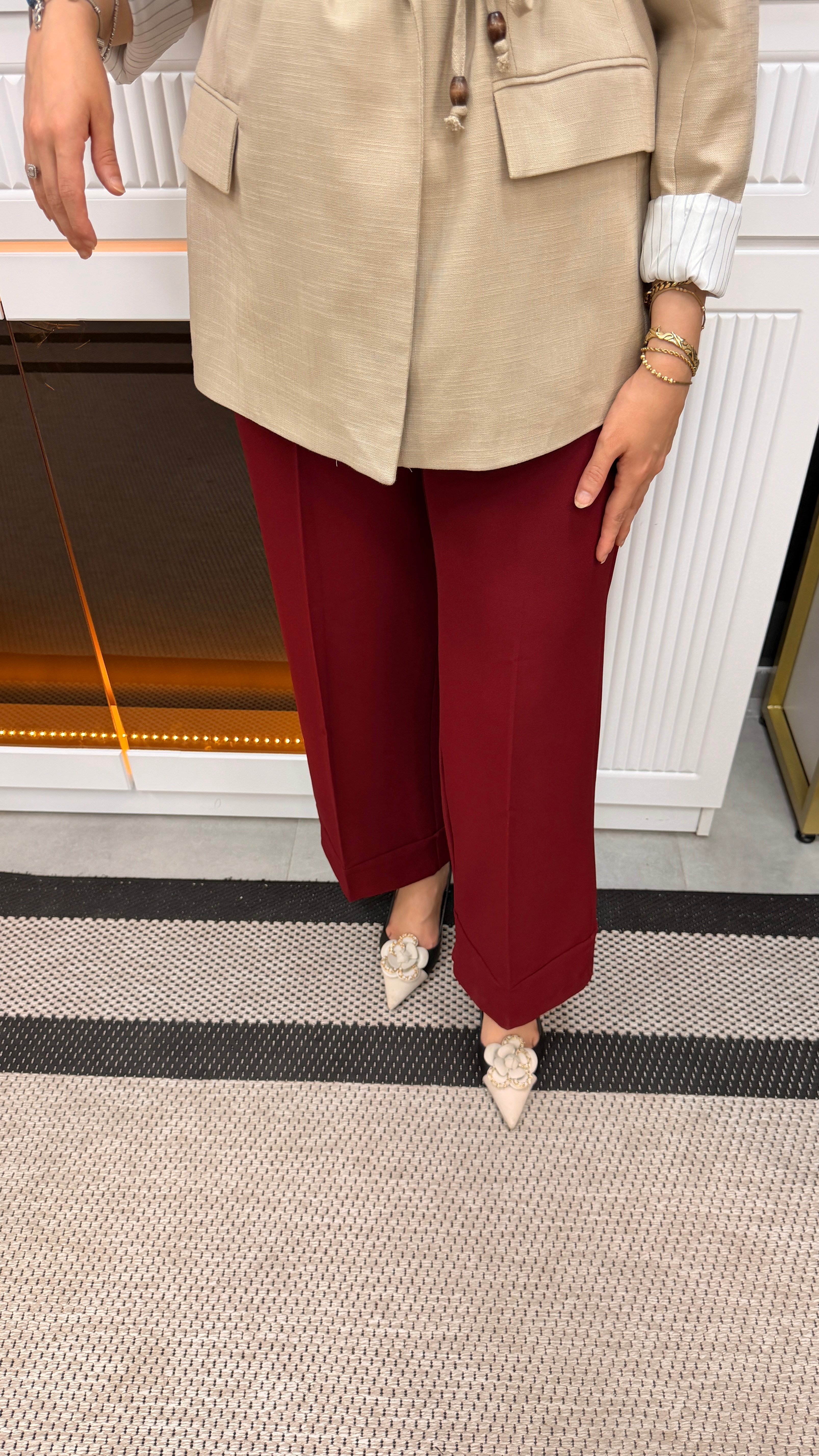 Bordo Krep Double Paça Pantolon 