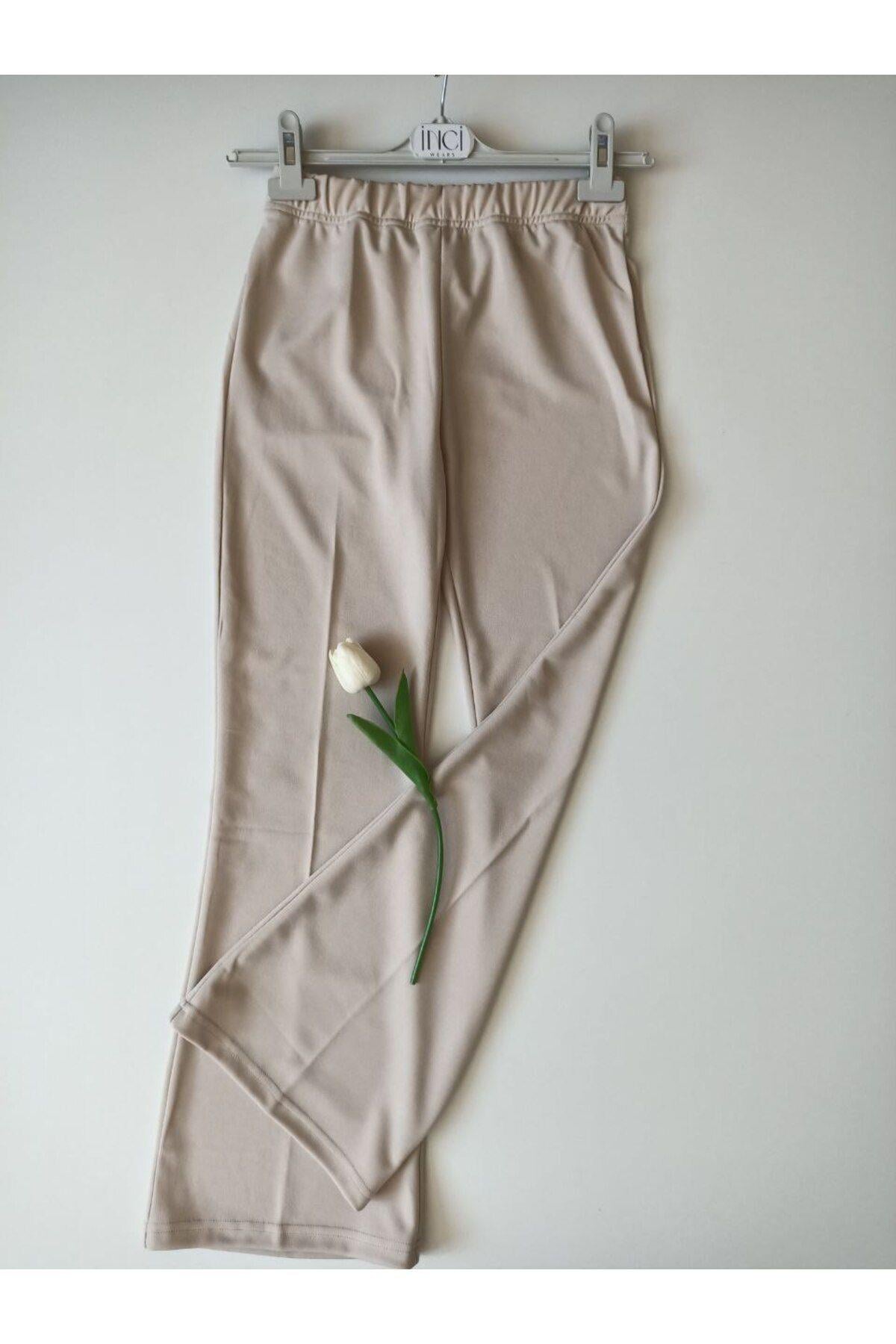 İspanyol Paça Crep Pantolon-050-camel