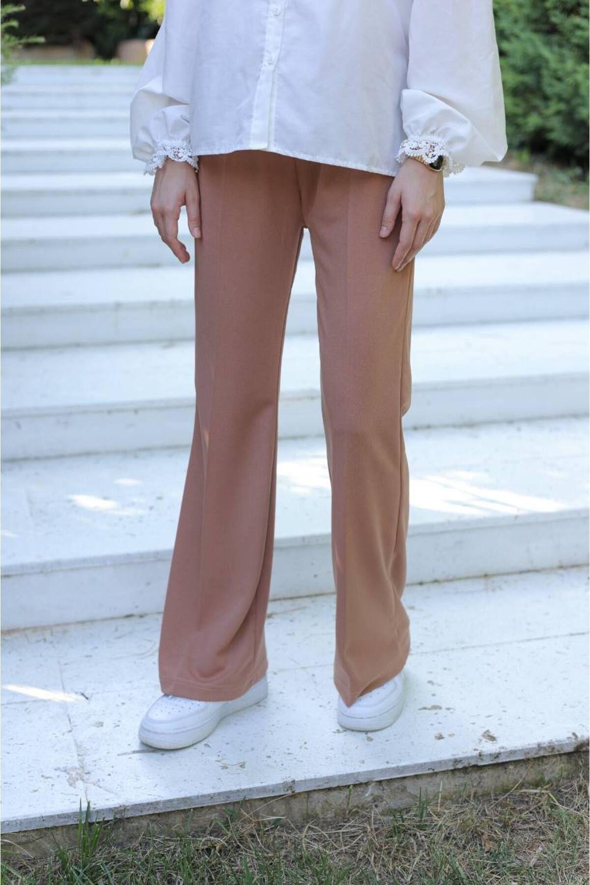 İspanyol Paça Crep Pantolon-050-camel