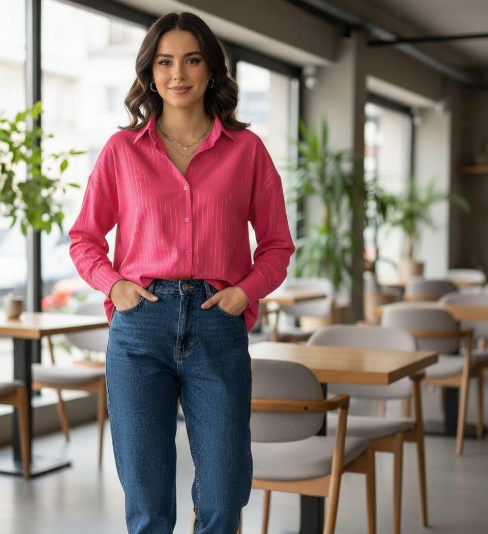 Kadın Varak Çizgili Oversize  Gömlek