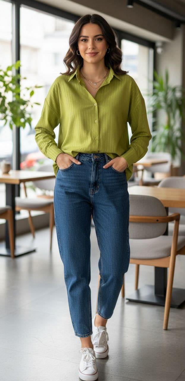 Kadın Varak Çizgili Oversize  Gömlek