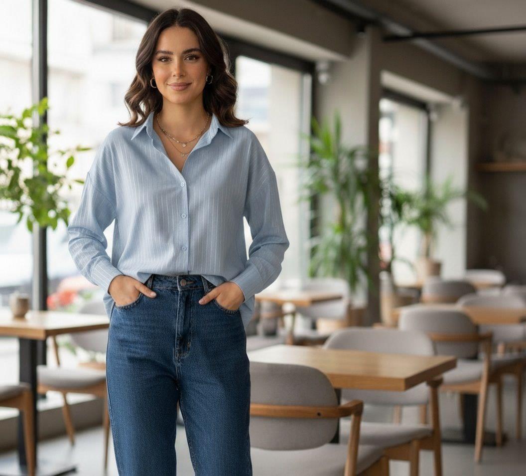 Kadın Varak Çizgili Oversize  Gömlek