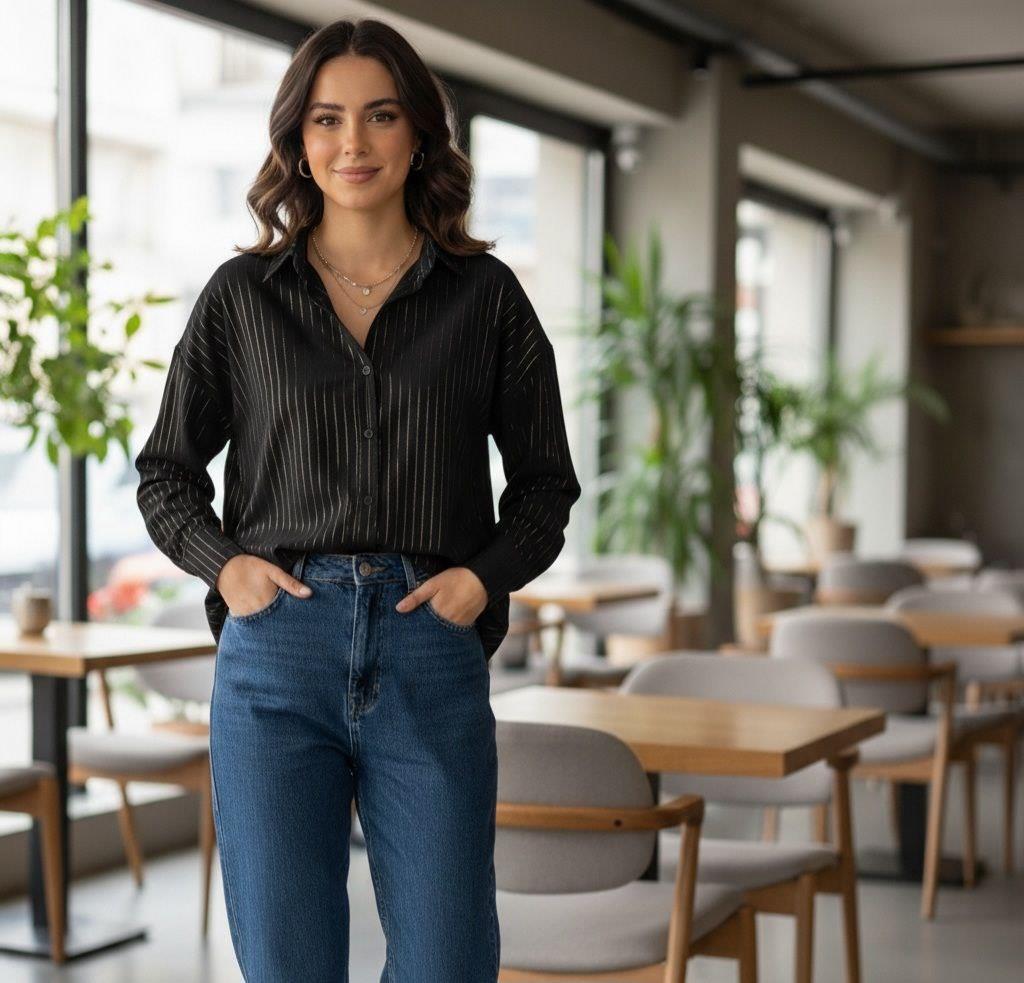 Kadın Varak Çizgili Oversize Gömlek