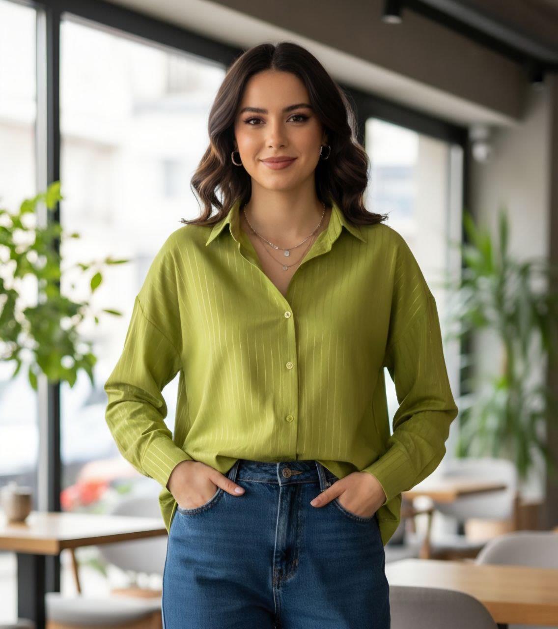 Kadın Varak Çizgili Oversize  Gömlek