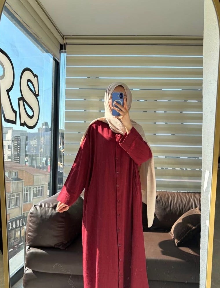 Keten Dokulu Cepli Mürdüm Gömlek Elbise