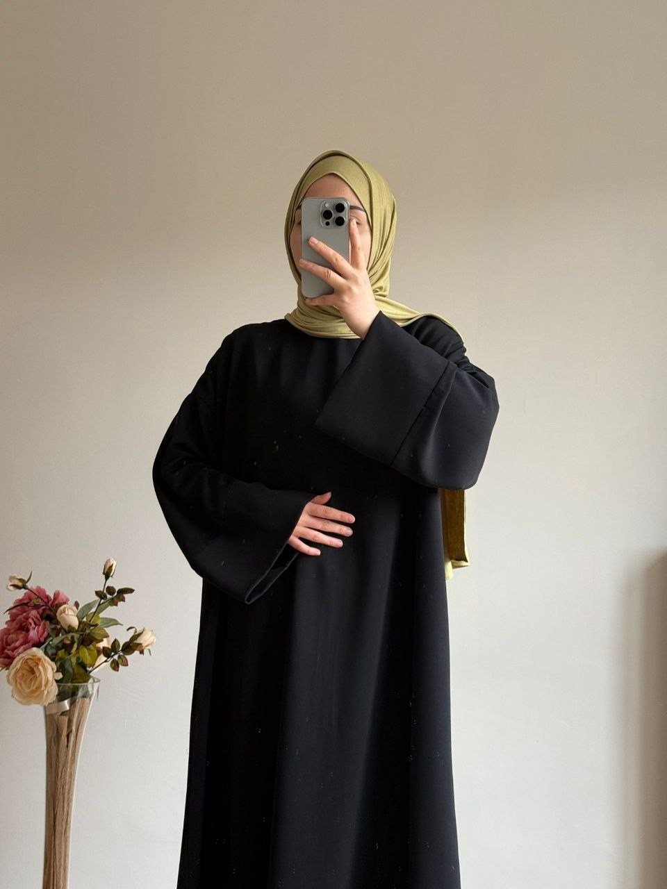 Krep Siyah Abaya Kol Düz Elbise