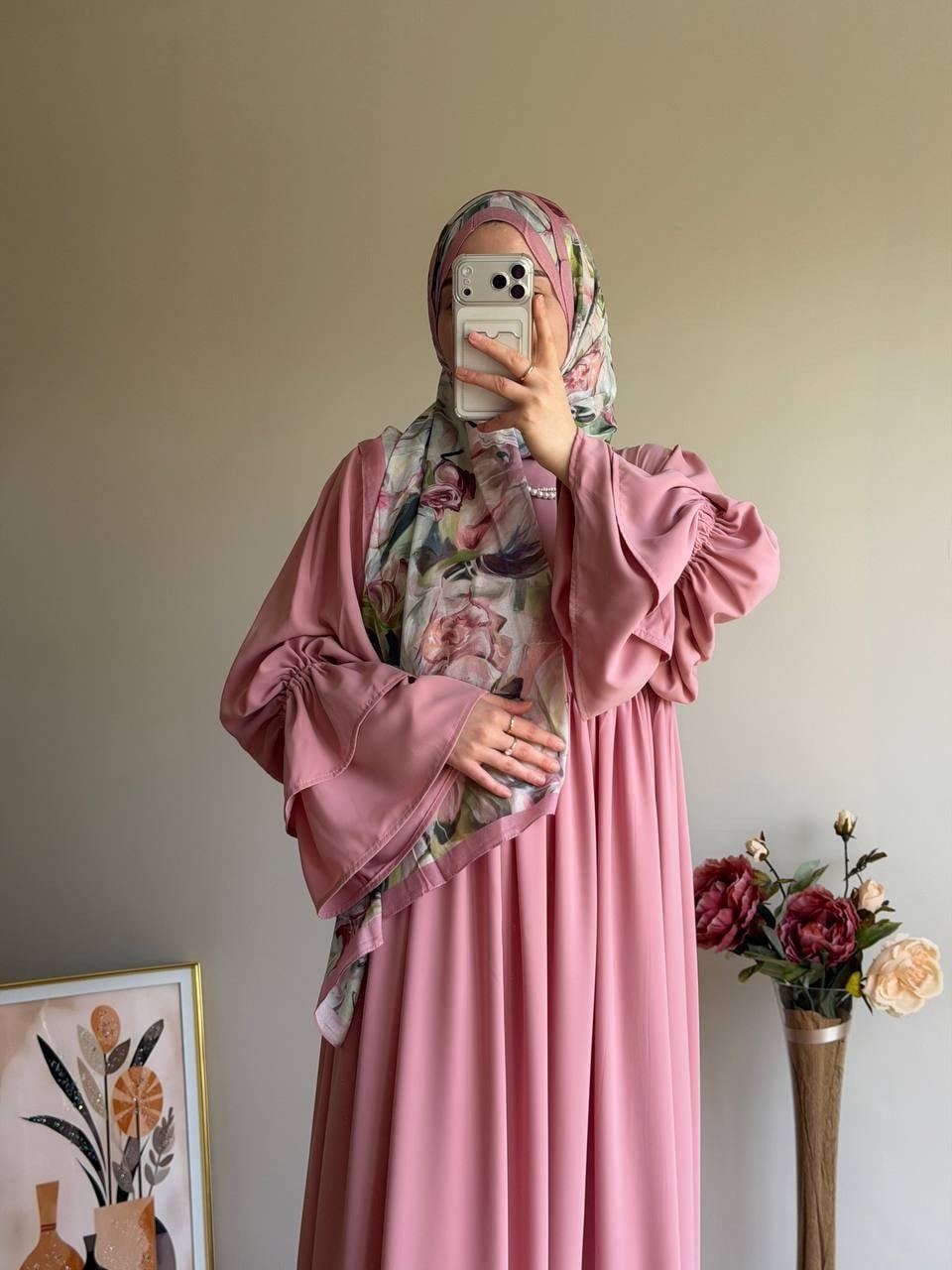 Medine İpeği Kolları İki Katlı Robalı Pembe Tesettür Elbise