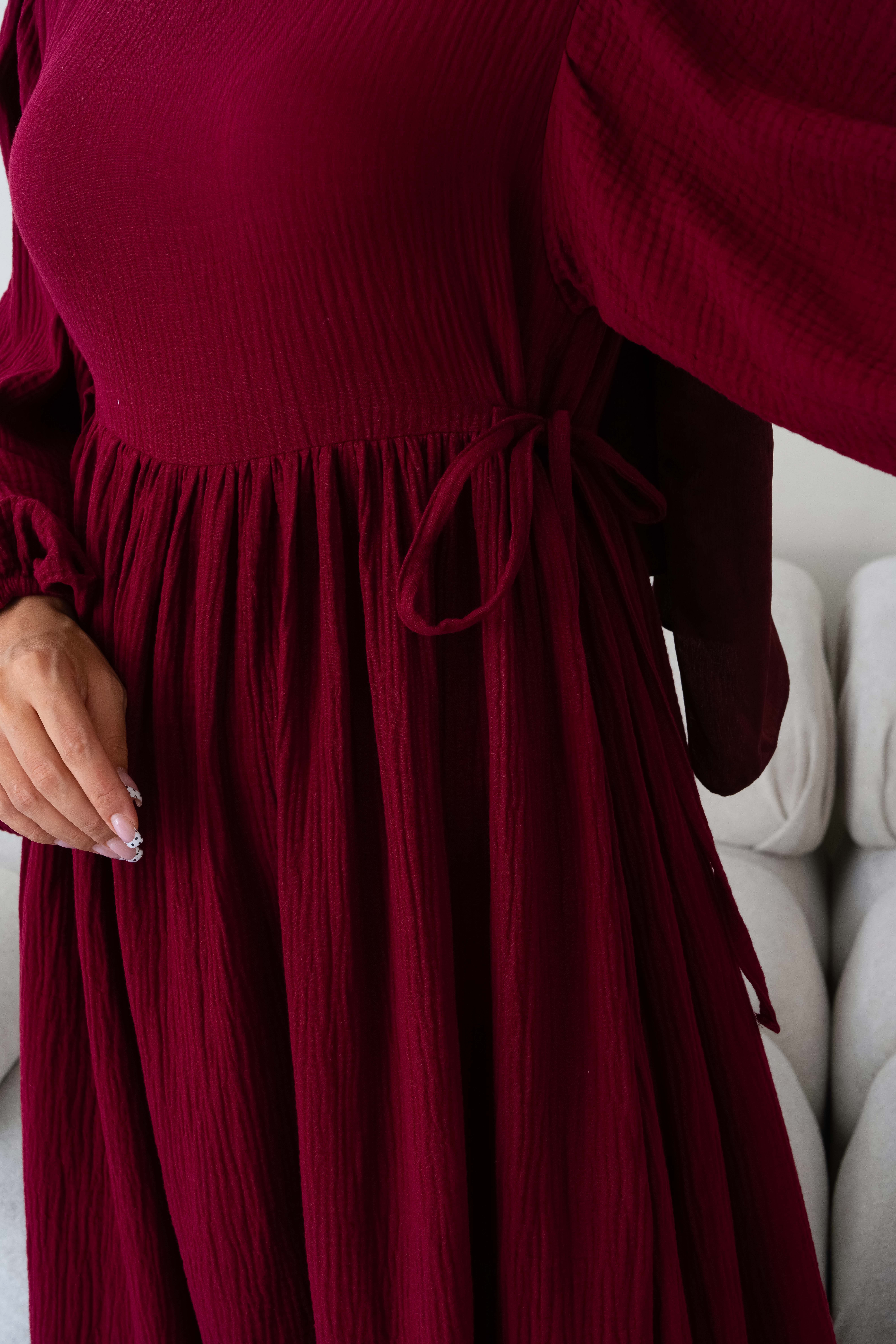 Yandan Bağlamalı Müslin Bordo Tesettür Elbise