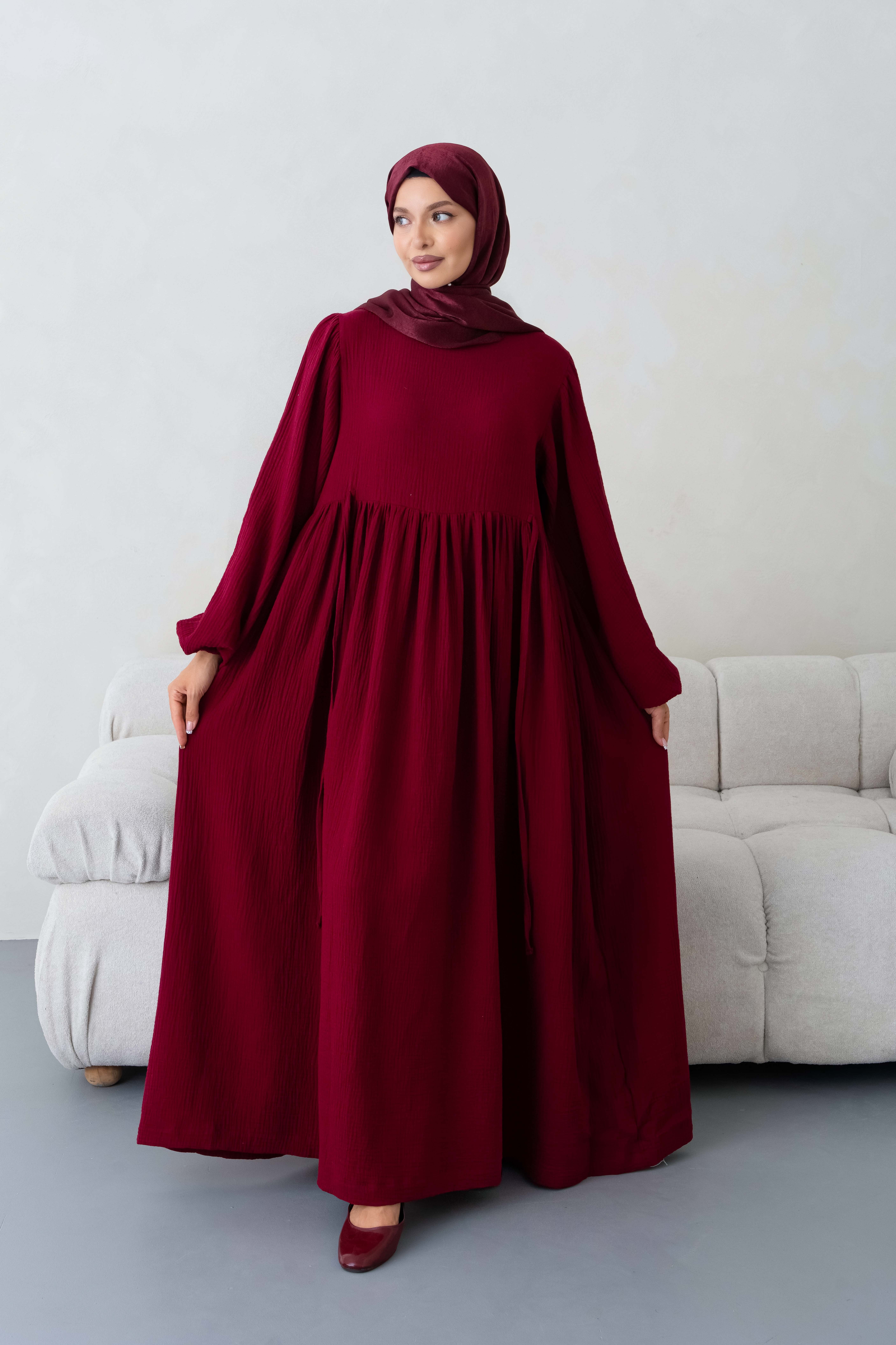 Yandan Bağlamalı Müslin Bordo Tesettür Elbise