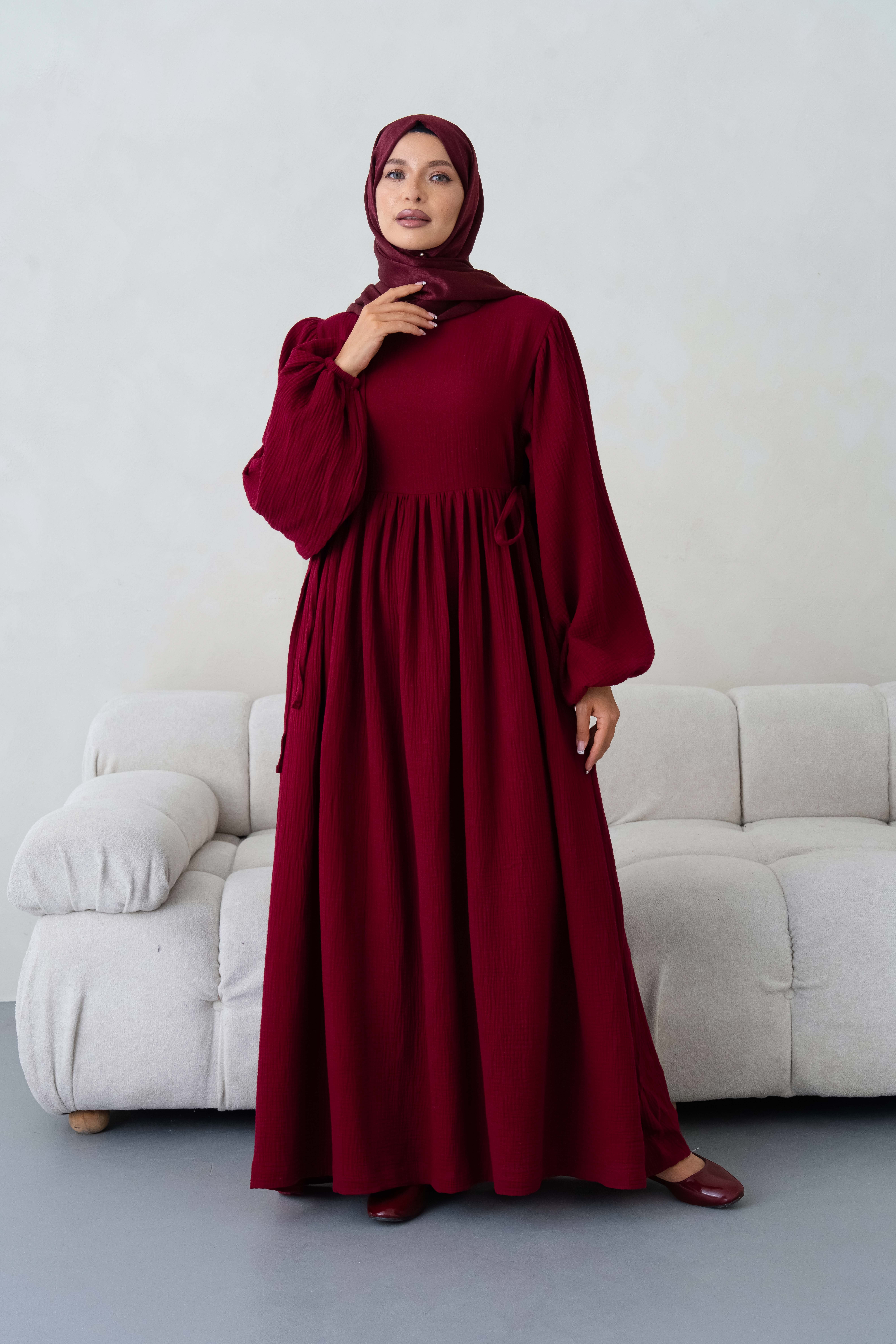 Yandan Bağlamalı Müslin Bordo Tesettür Elbise