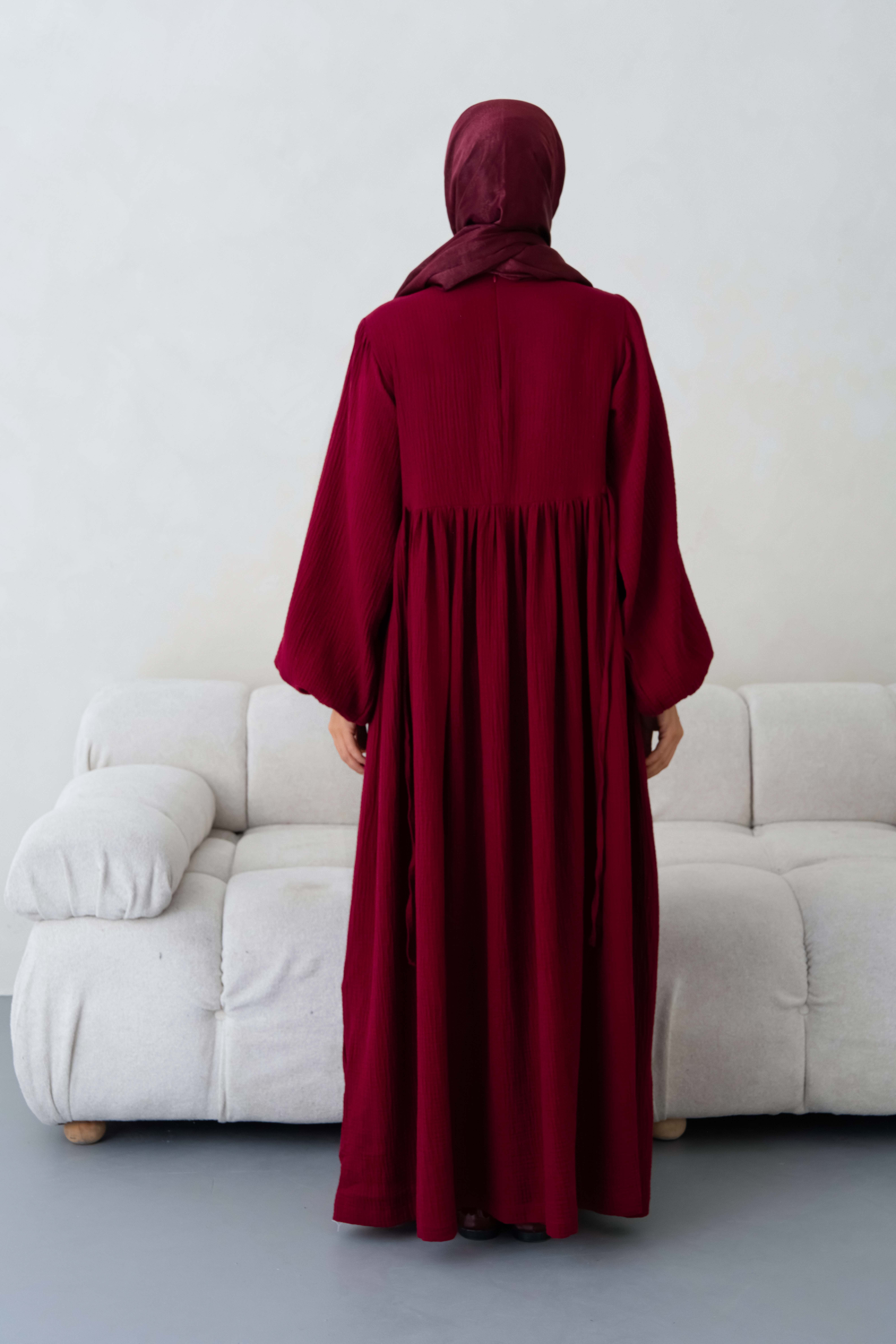 Yandan Bağlamalı Müslin Bordo Tesettür Elbise