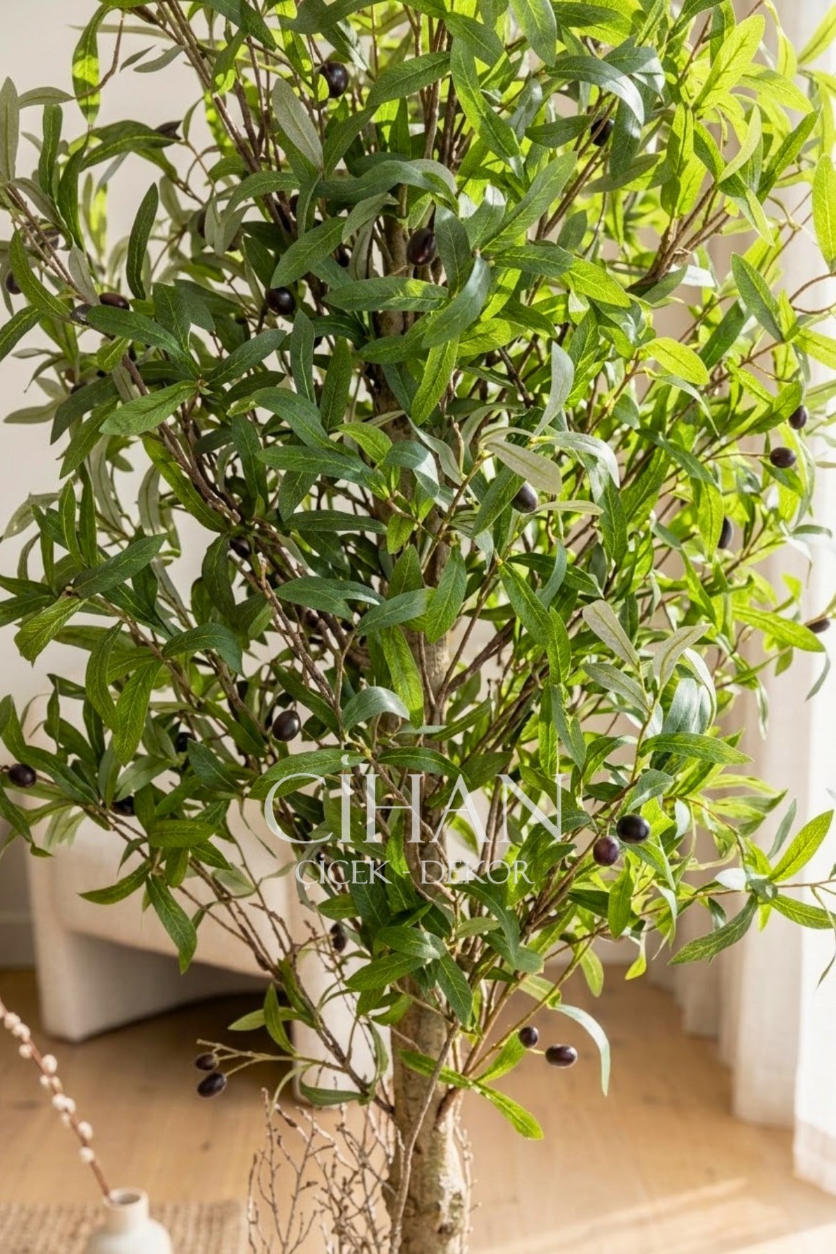 150 cm Lüks Yapay Zeytin Ağacı - 27x33 cm Plastik Küre Saksı