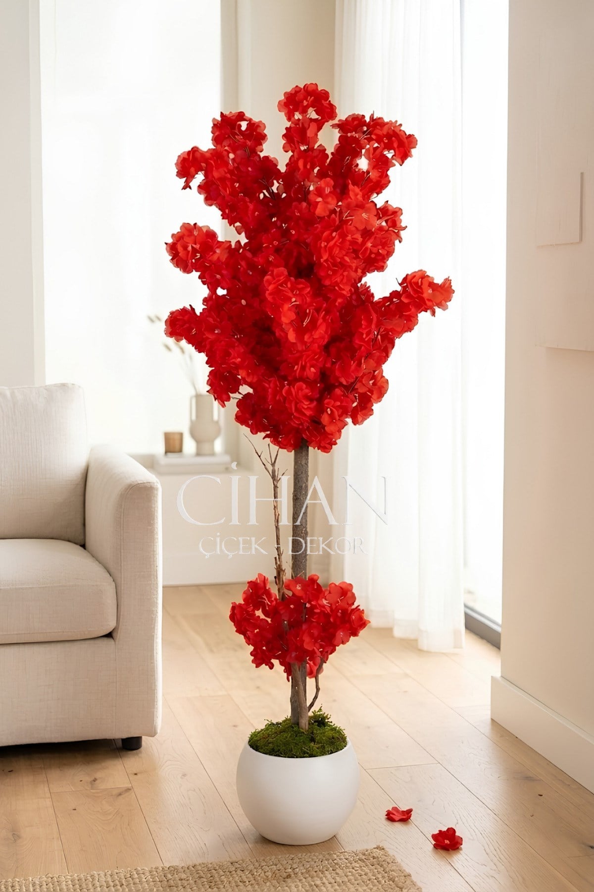 150 cm Yapay Kırmızı Bahar Dalı Ağacı - Küre Saksılı Dekoratif Salon Bitkisi