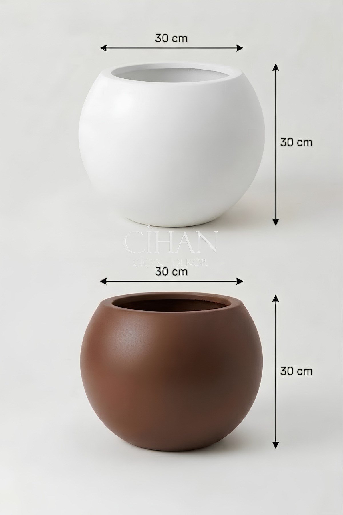 2’li Premium Plastik Küre Saksı Seti (30x30 cm) – Beyaz & Kahverengi
