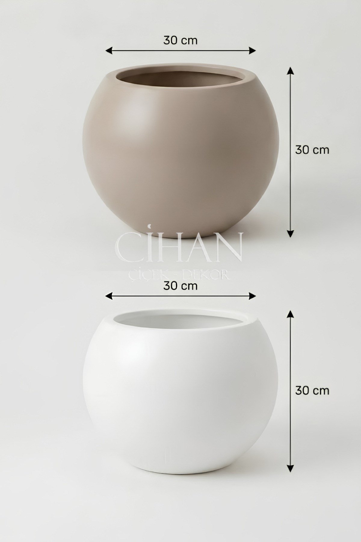 2’li Premium Plastik Küre Saksı Seti (30x30 cm) – Beyaz & Mocha