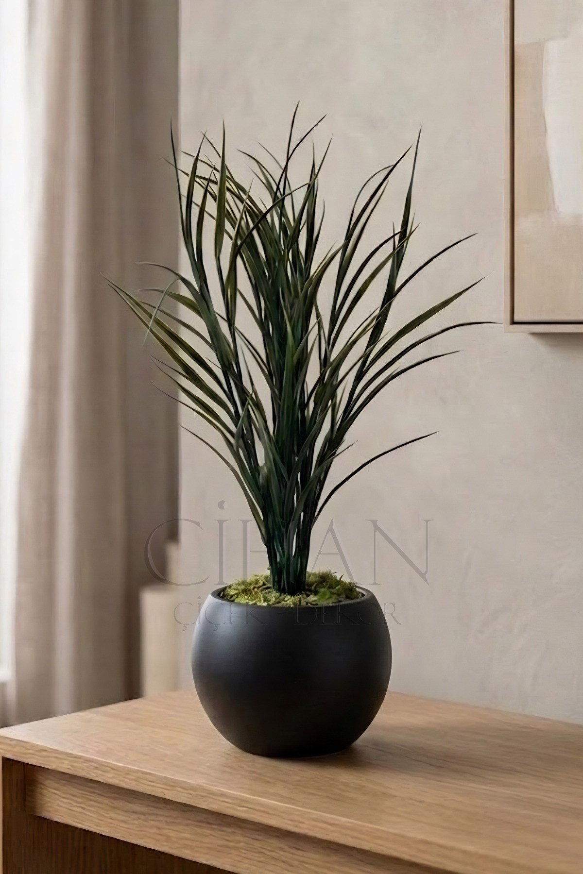 Küre Saksılı Koyu Yeşil Yapay Sazlık 80 cm