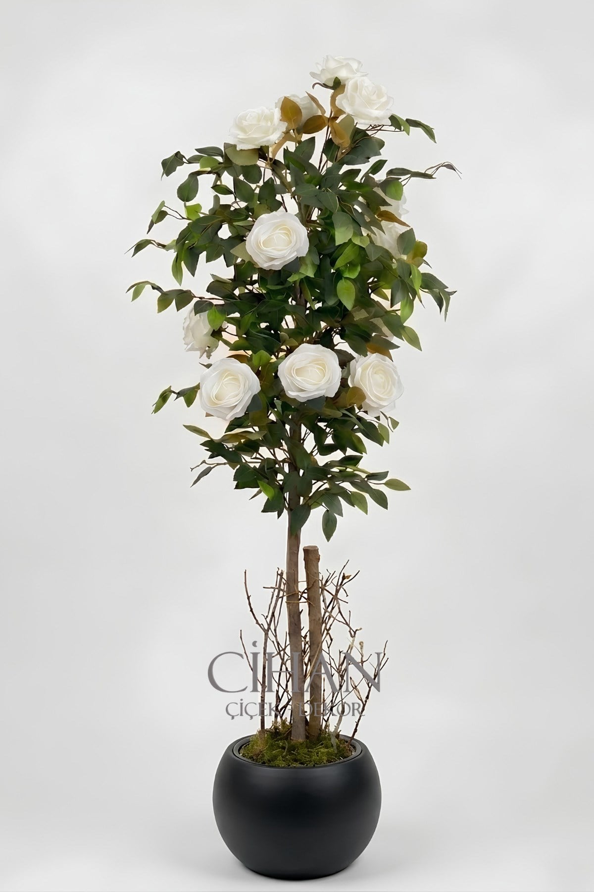 Yapay 10 Güllü Beyaz Gül Ağacı 150 cm 27x33 Siyah Küre Saksılı
