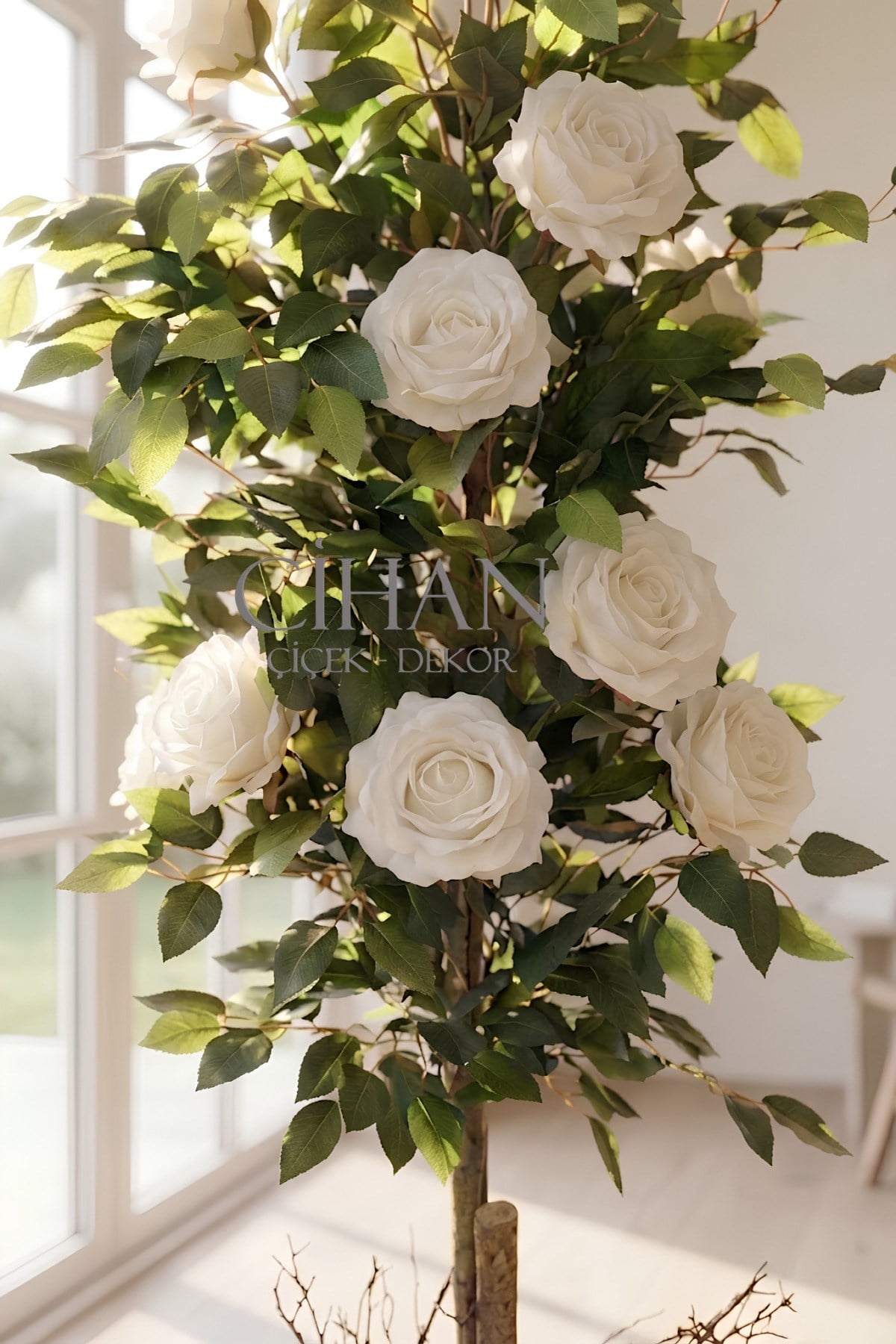 Yapay 10 Güllü Beyaz Gül Ağacı 150 cm 27x33 Mocha Küre Saksılı
