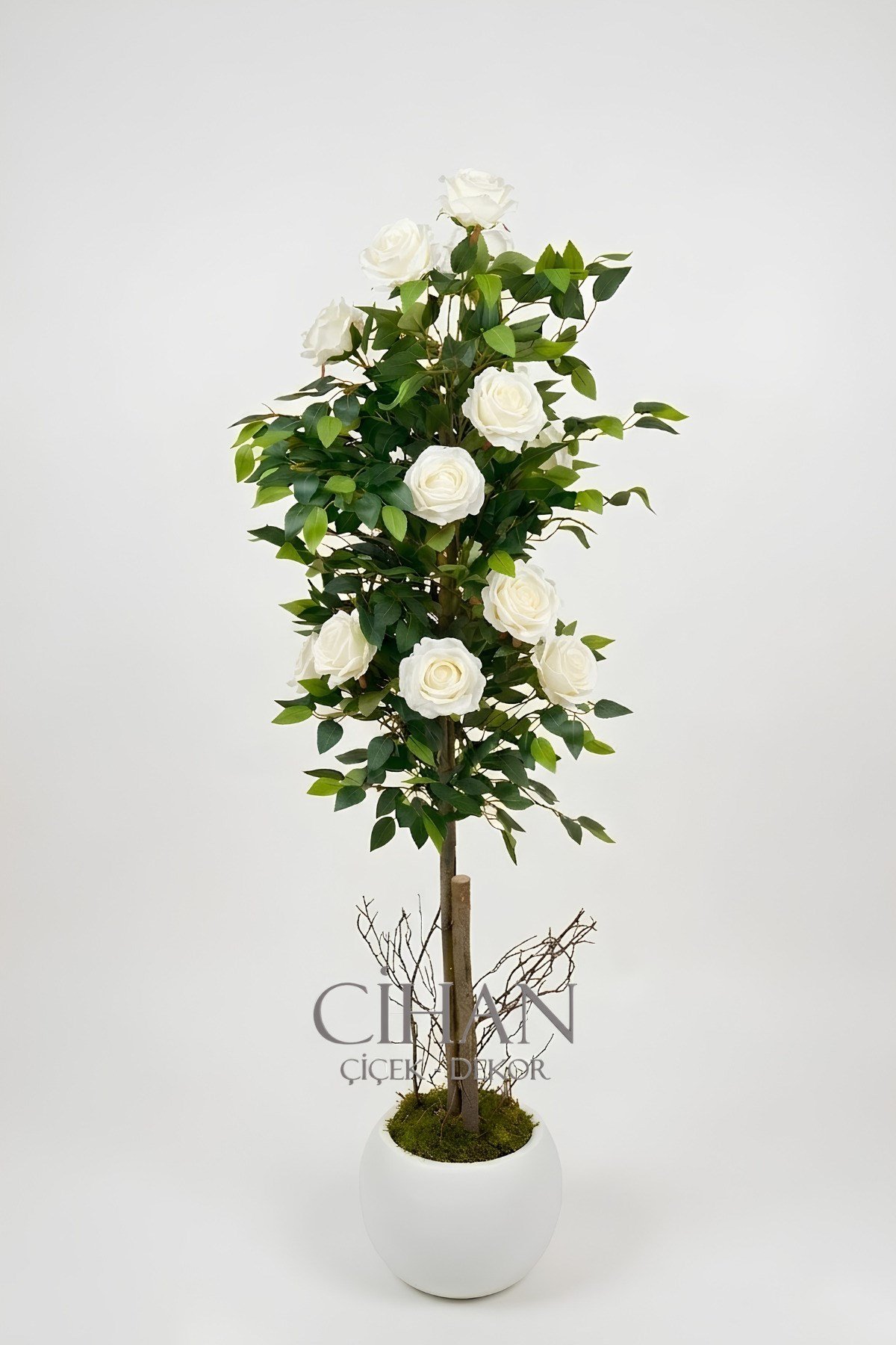 Yapay 10 Güllü Beyaz Gül Ağacı 150 cm 27x33 Beyaz Küre Saksılı