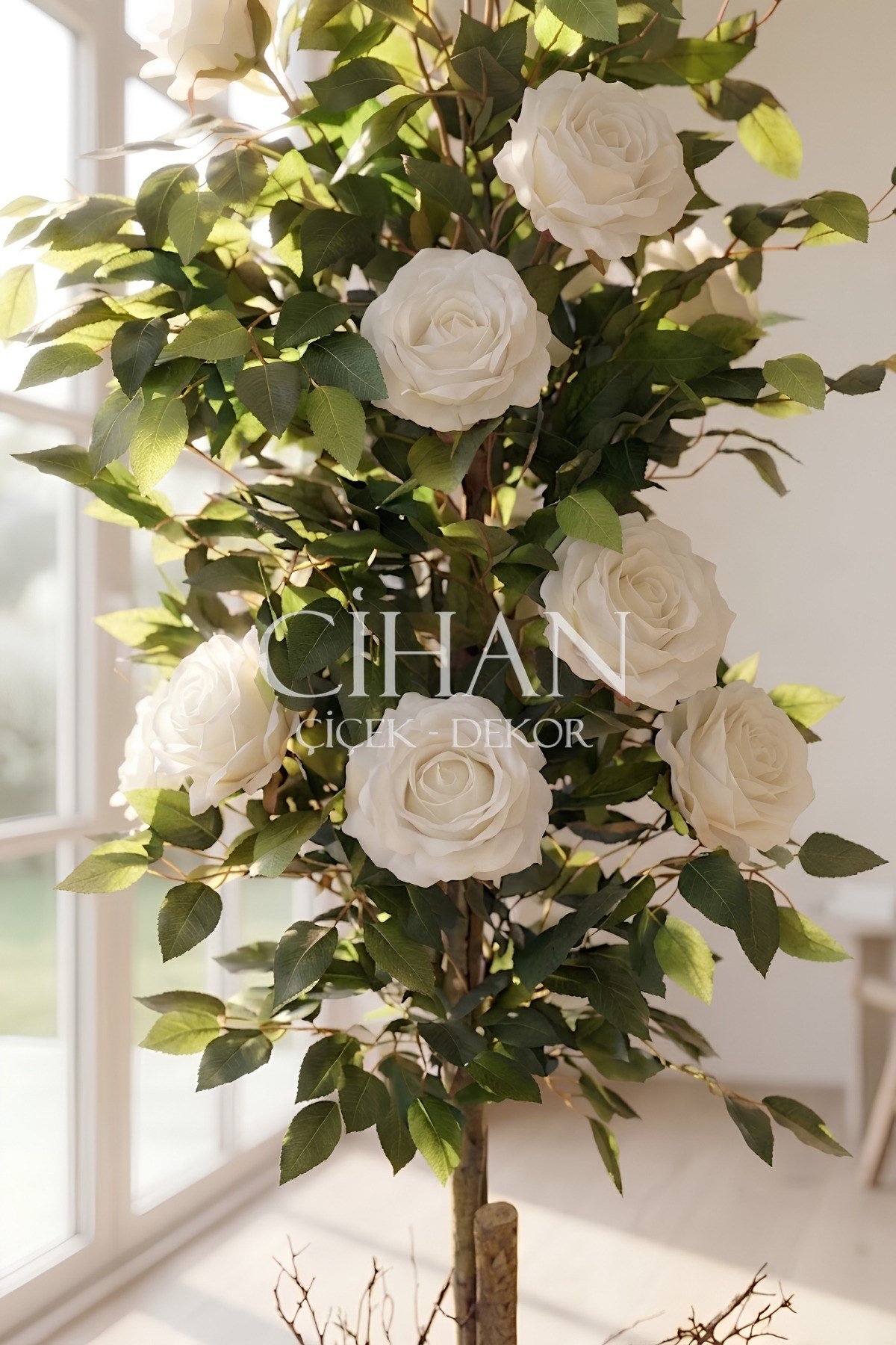 Yapay 10 Güllü Beyaz Gül Ağacı 150 cm 27x33 Beyaz Küre Saksılı