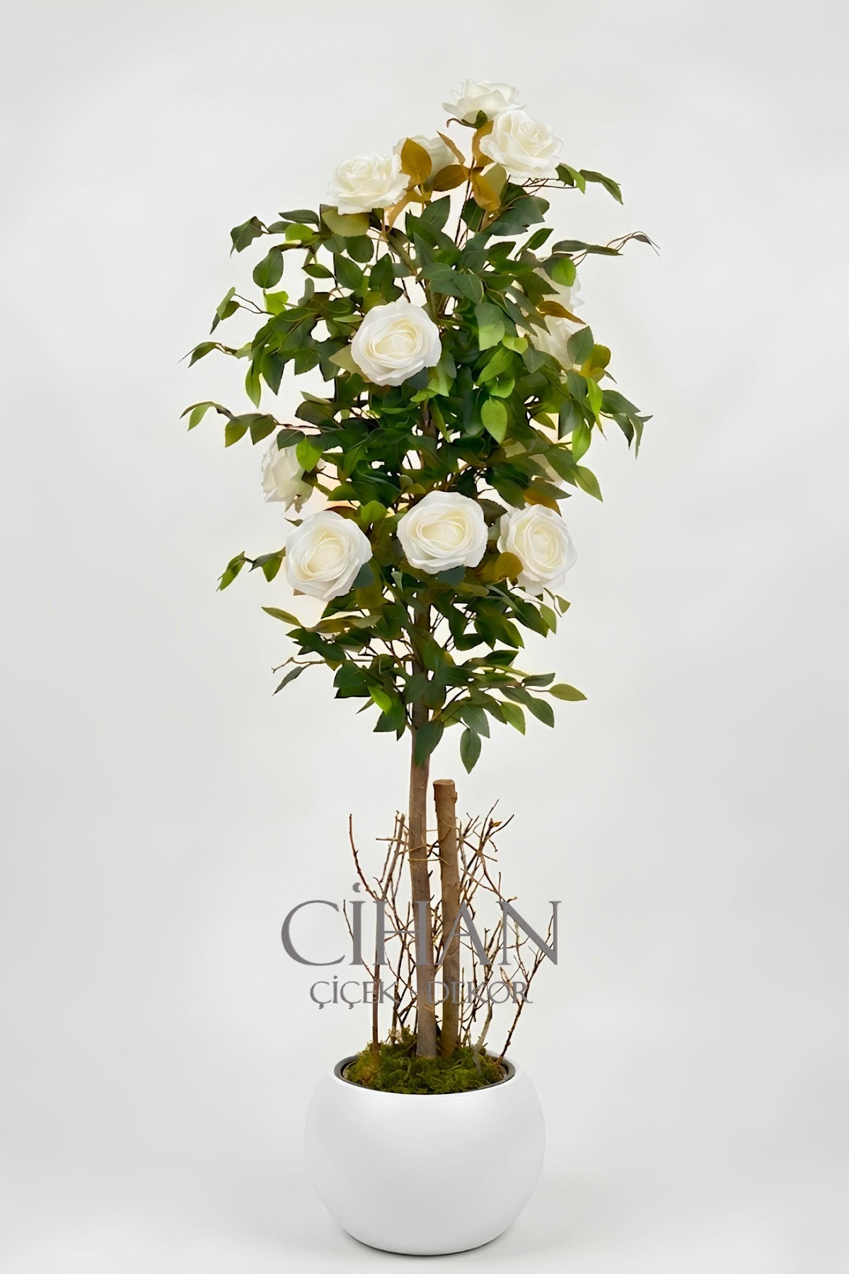 Yapay 10 Güllü Beyaz Gül Ağacı 150 cm 27x33 Beyaz Küre Saksılı