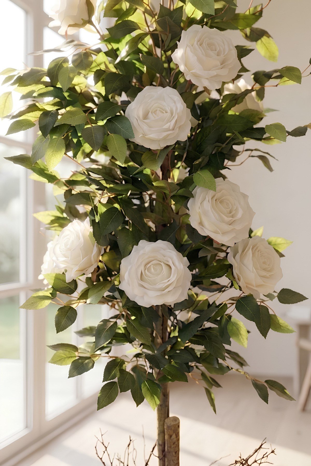 Yapay 10 Güllü Beyaz Gül Ağacı 150 cm 27x33 Siyah Küre Saksılı