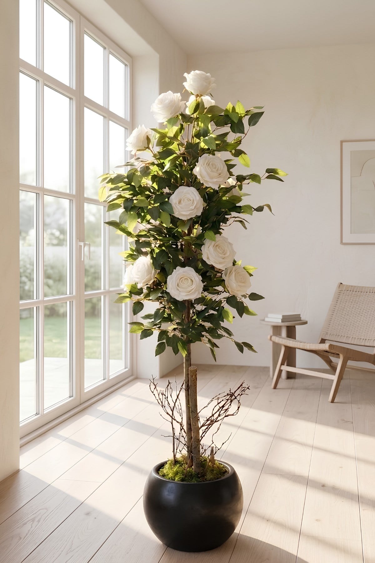 Yapay 10 Güllü Beyaz Gül Ağacı 150 cm 27x33 Siyah Küre Saksılı