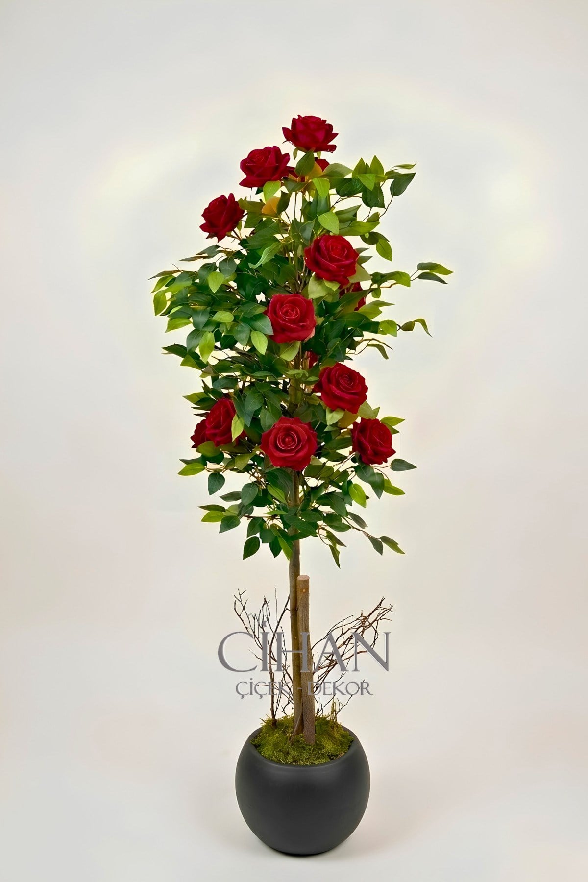 Yapay 10 Güllü Kırmızı Gül Ağacı 150 cm 27x33 Siyah Küre Saksılı
