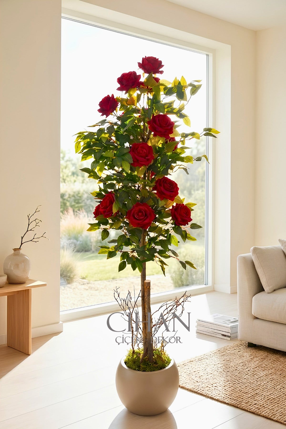 Yapay 10 Güllü Kırmızı Gül Ağacı 150 cm 27x33 Mocha Küre Saksılı