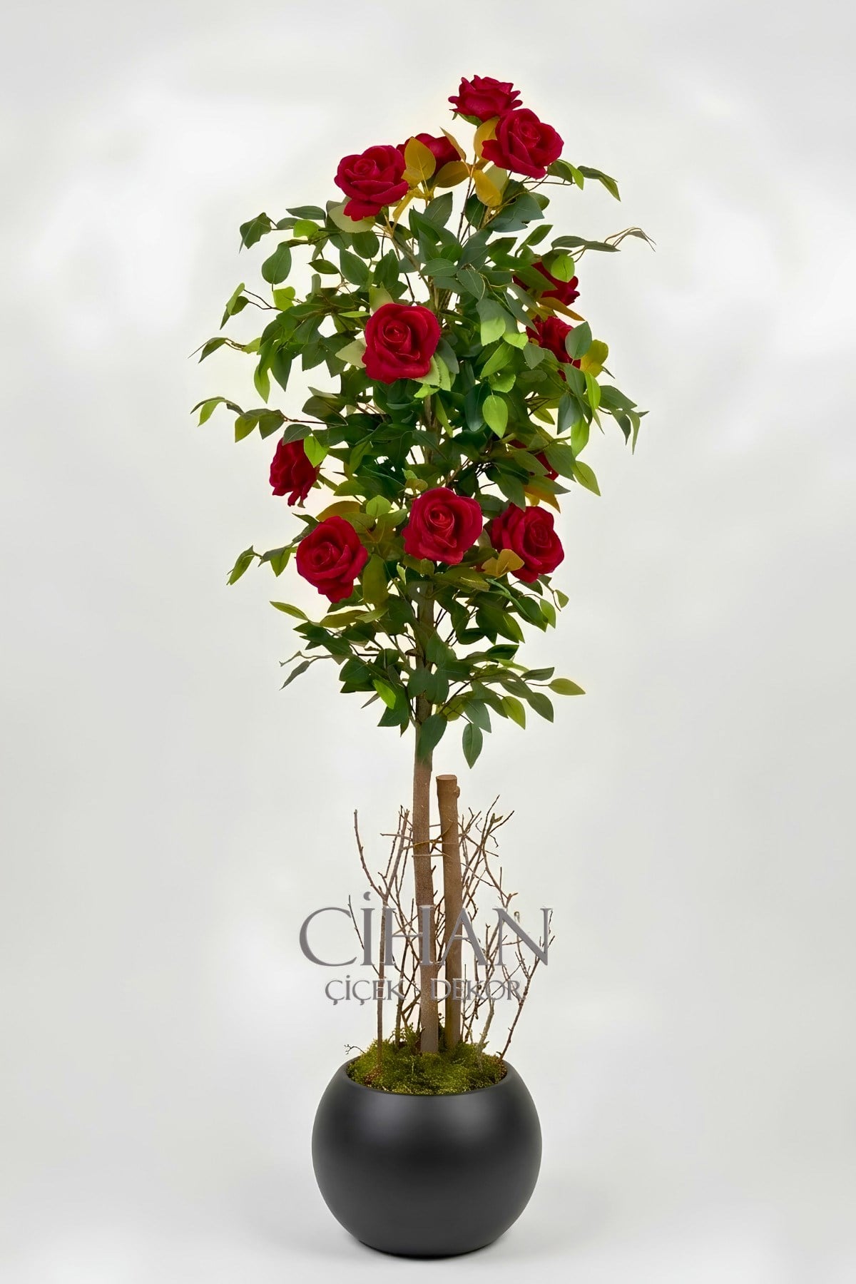 Yapay 10 Güllü Kırmızı Gül Ağacı 150 cm 27x33 Siyah Küre Saksılı