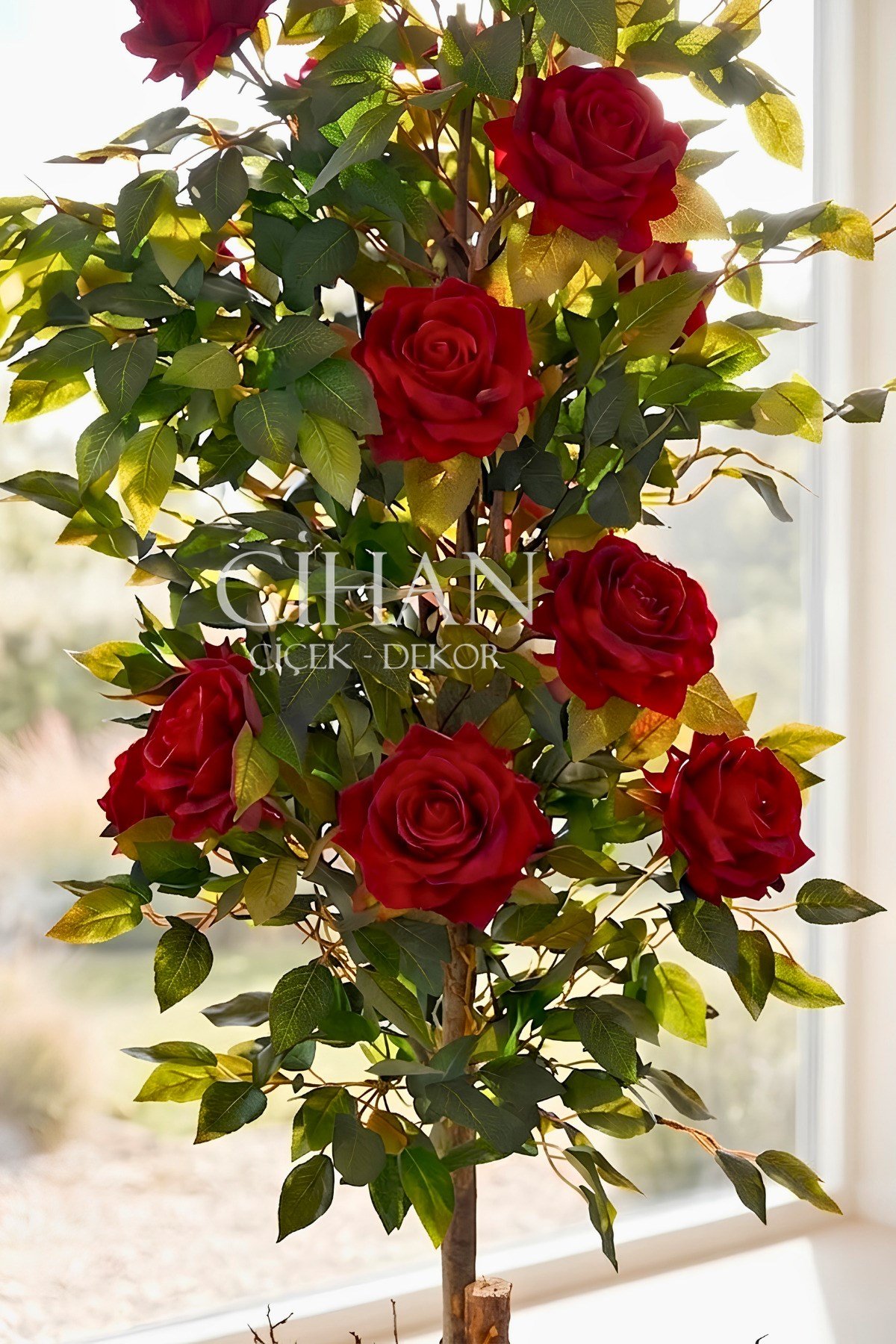 Yapay 10 Güllü Kırmızı Gül Ağacı 150 cm 27x33 Siyah Küre Saksılı