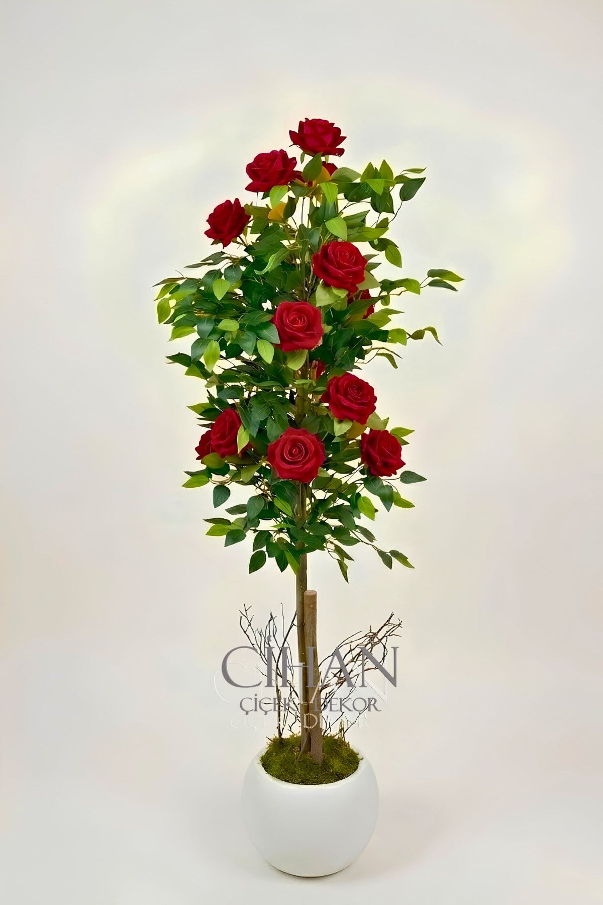 Yapay 10 Güllü Kırmızı Gül Ağacı 150 cm 27x33 Beyaz Küre Saksılı