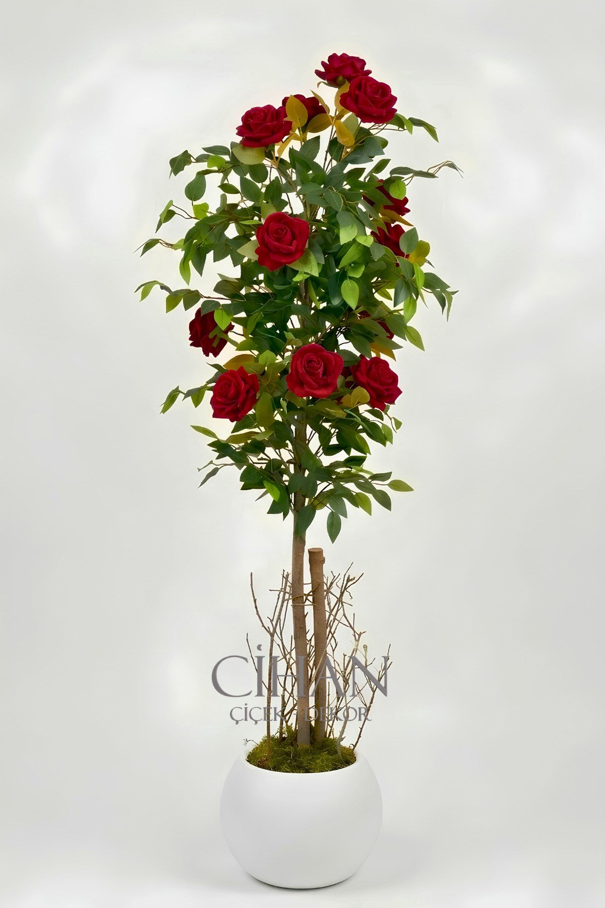 Yapay 10 Güllü Kırmızı Gül Ağacı 150 cm 27x33 Beyaz Küre Saksılı