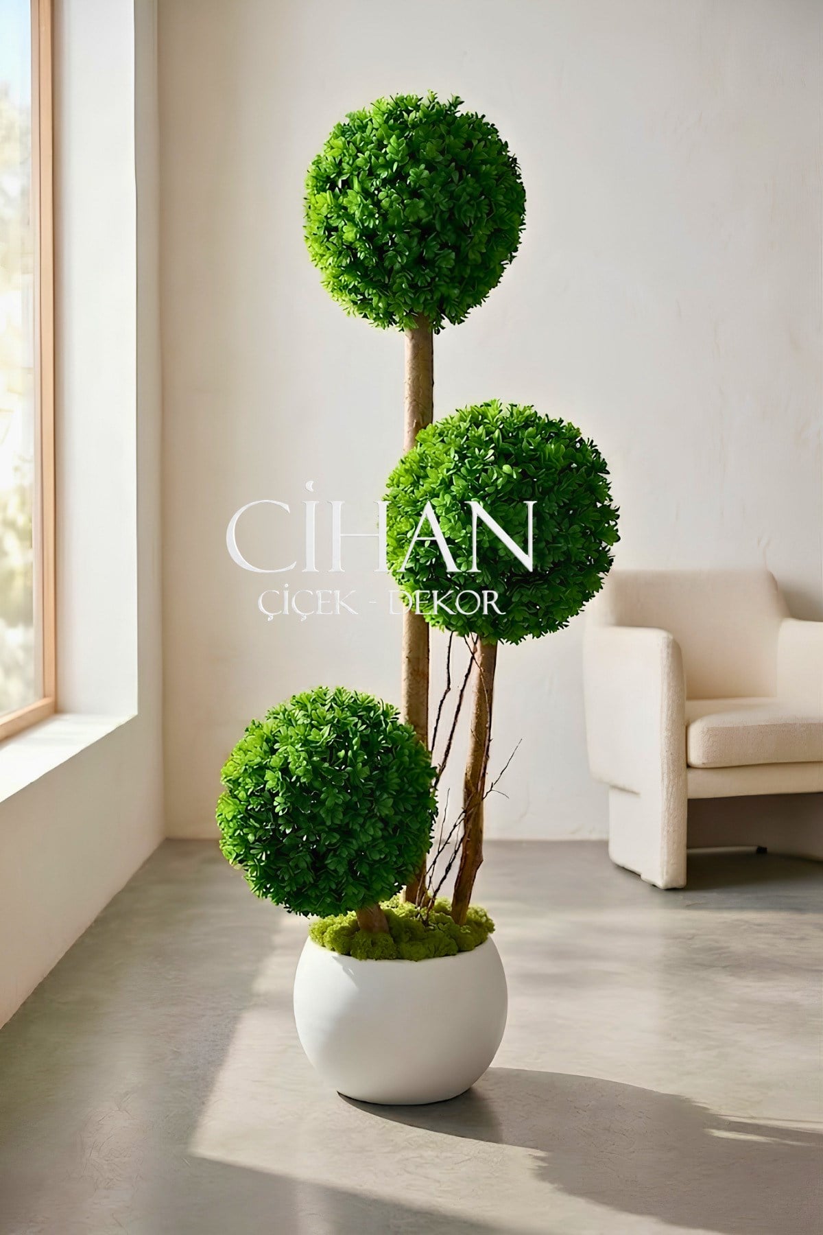 Yapay 3'lü Şimşir Top Ağacı 150 cm (35 cm Çap) UV Dayanımlı 27x33 Beyaz Küre Saksı