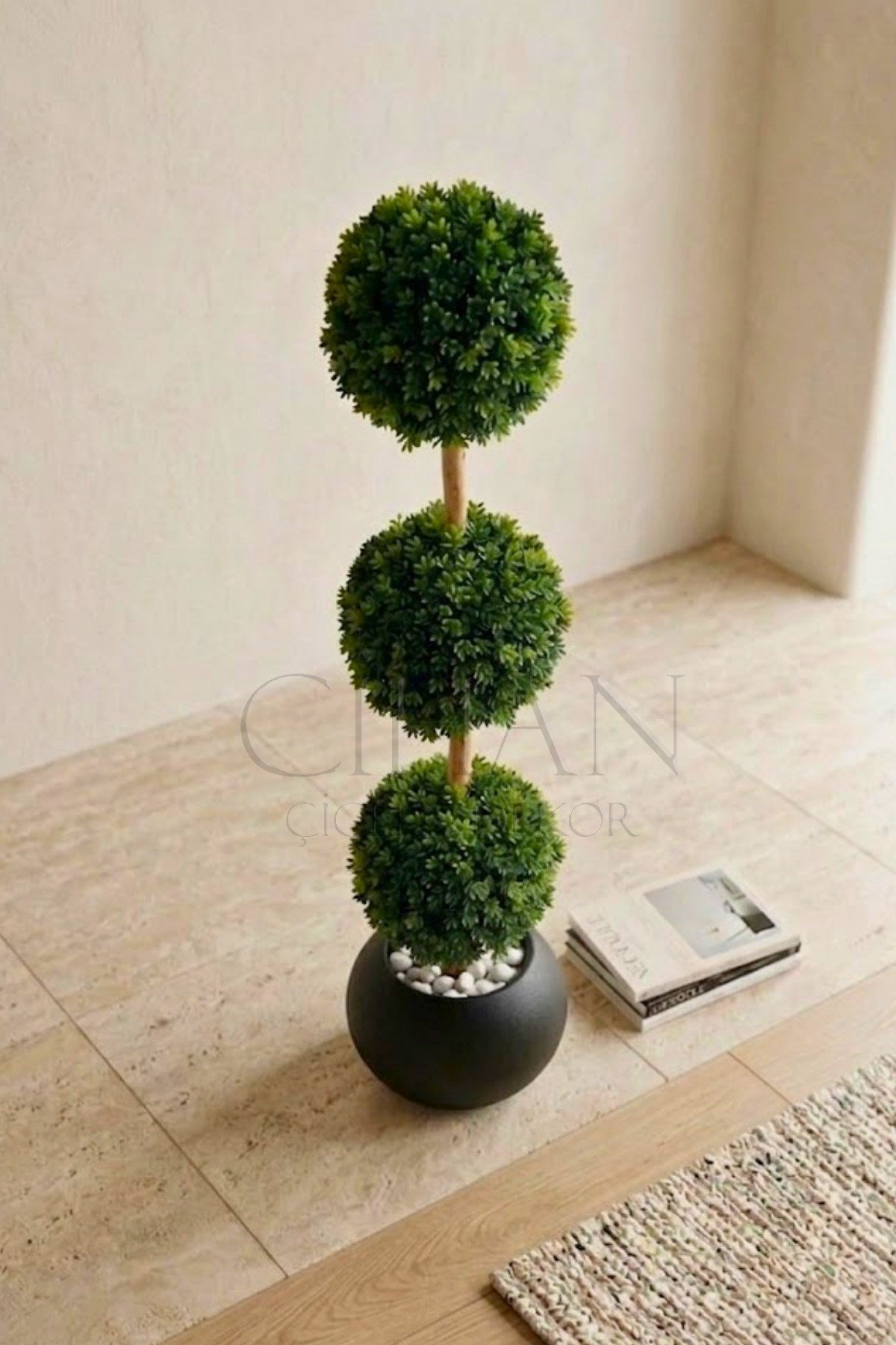 Yapay 3'lü Top Şimşir Ağacı - Siyah Küre Saksılı 130cm