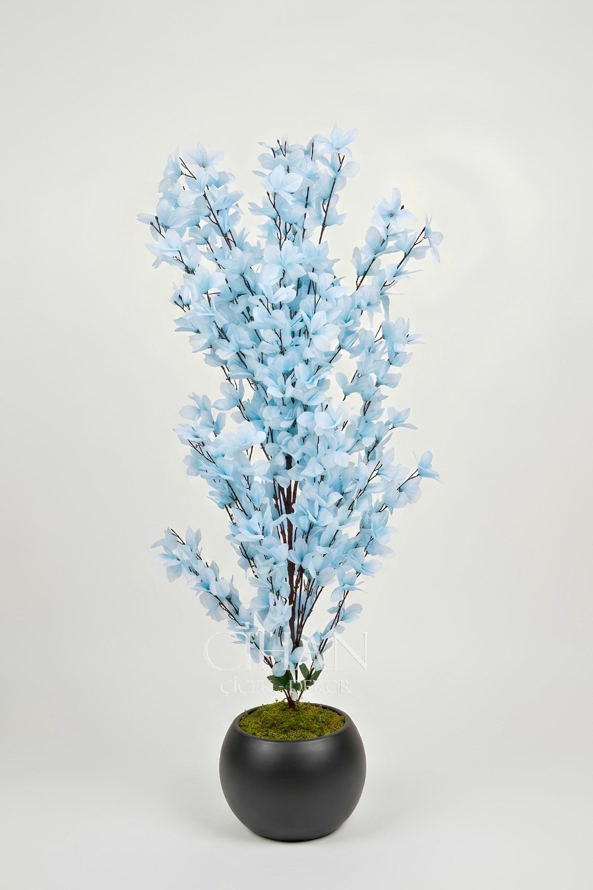 Yapay Açık Mavi Sakura Kiraz Çiçeği Ağacı 120 cm - Küre Plastik Saksılı 27x33 cm Saksı