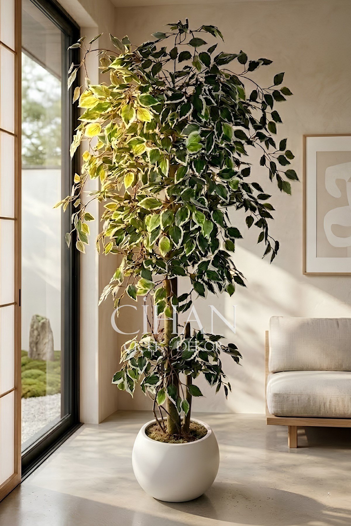 Yapay Benjamin Starlight Ağacı Beyaz-Yeşil 175 Cm Küre Saksılı