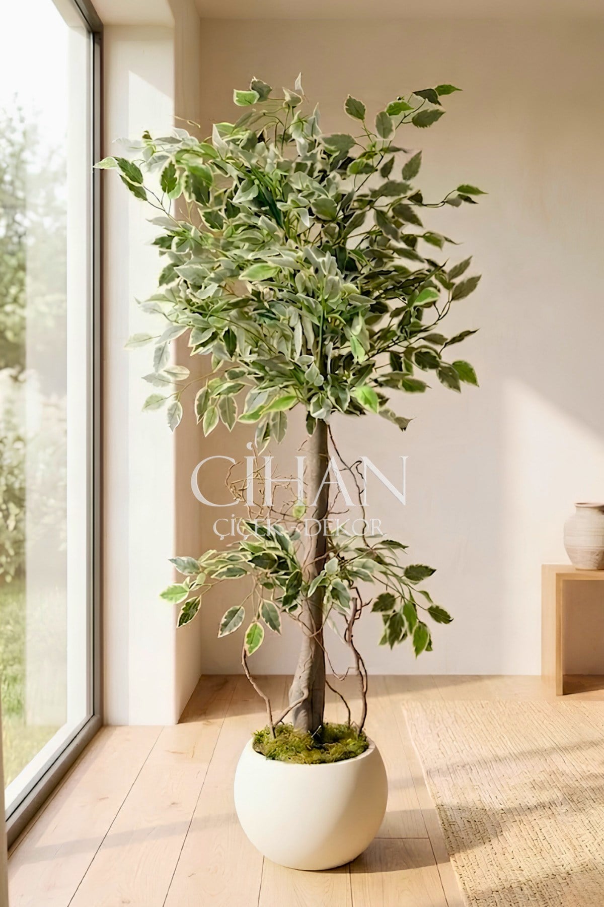Yapay Benjamin Starlight Ağacı Beyaz-Yeşil 120 Cm Küre Saksılı