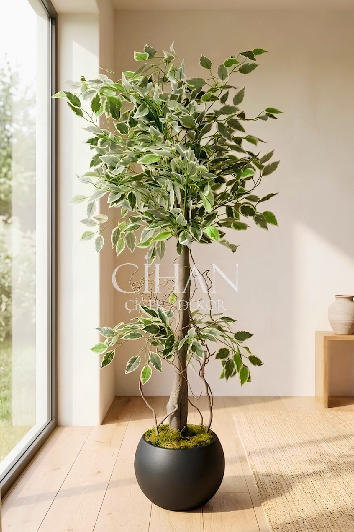 Yapay Benjamin Starlight Ağacı Beyaz-Yeşil 120 Cm Küre Saksılı