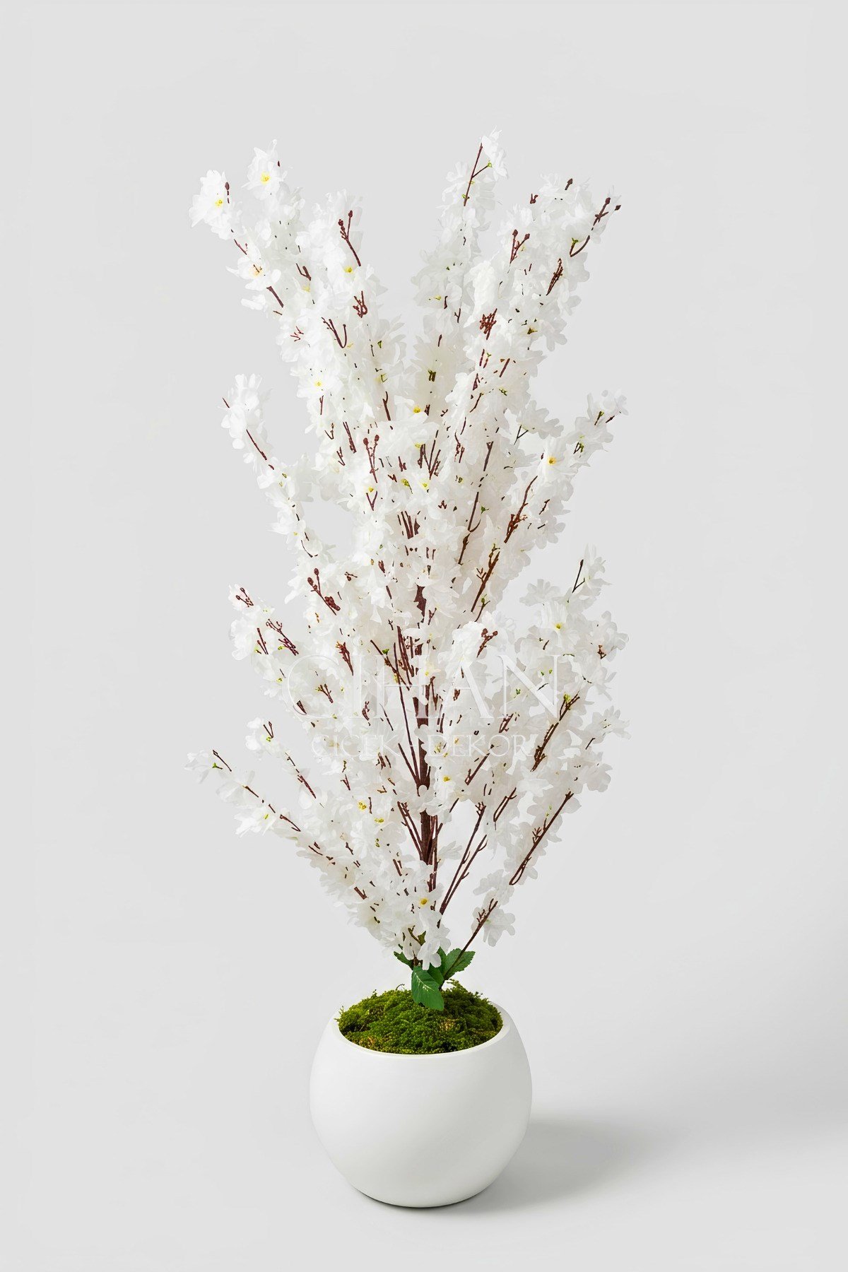 Yapay Beyaz Sakura Kiraz Çiçeği Ağacı 120 cm - Küre Plastik Saksılı 27x33 cm Saksı