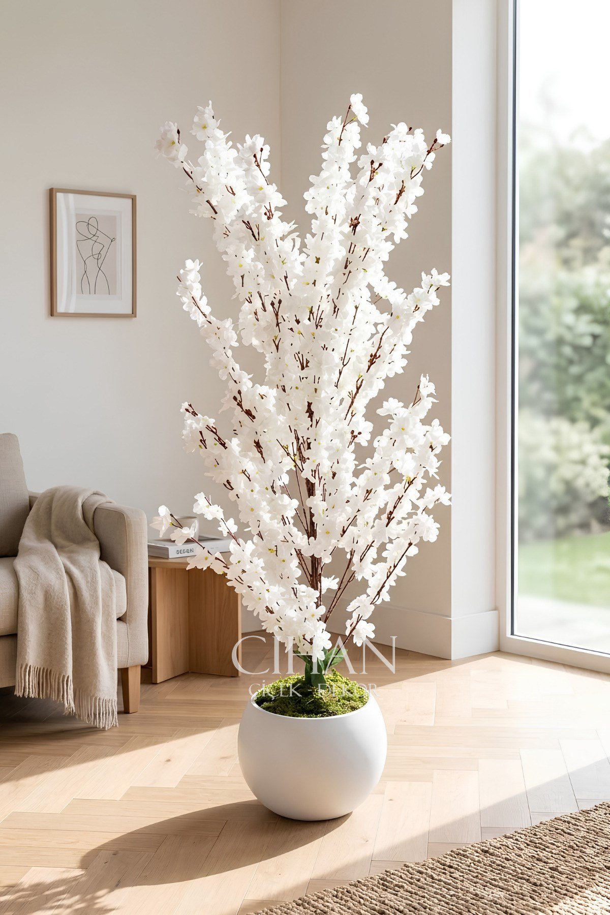 Yapay Beyaz Sakura Kiraz Çiçeği Ağacı 120 cm - Küre Plastik Saksılı 27x33 cm Saksı