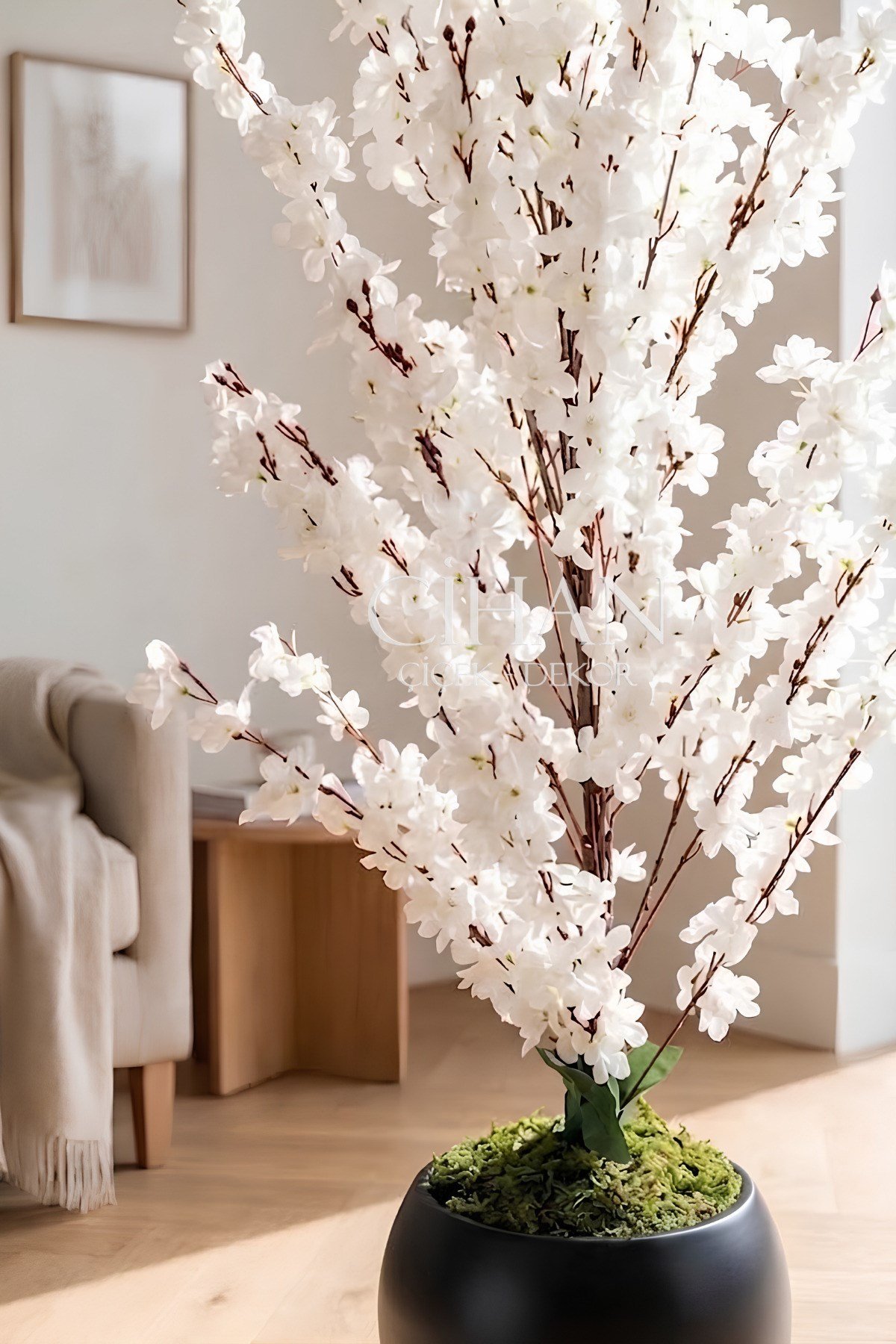 Yapay Beyaz Sakura Kiraz Çiçeği Ağacı 120 cm - Küre Plastik Saksılı 27x33 cm Saksı