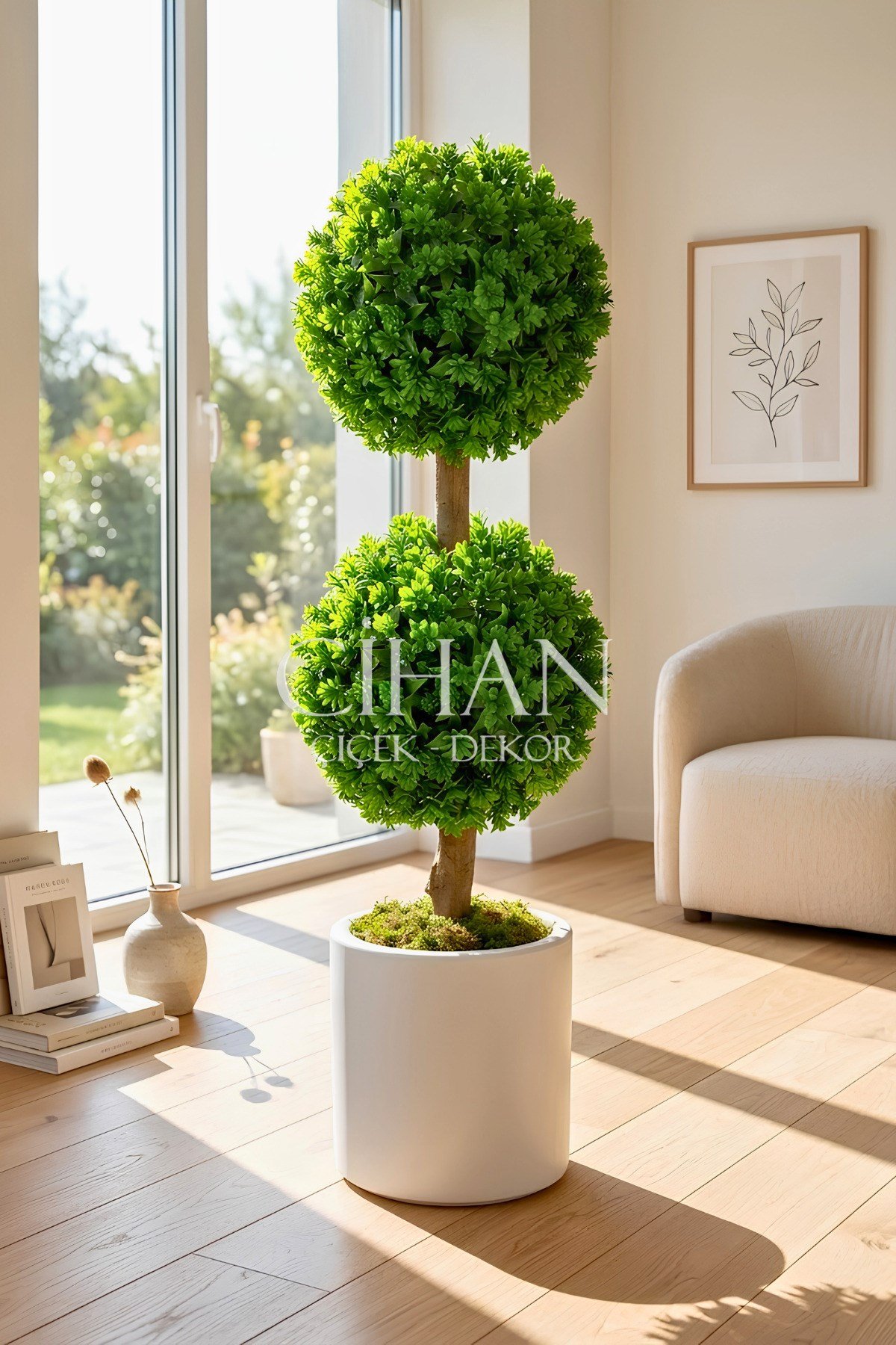 Yapay Çift Katlı Top Şimşir Ağacı U.V. Dayanıklı 100 cm (Şimşir Çapı 35 cm) Plastik Silindir Saksılı