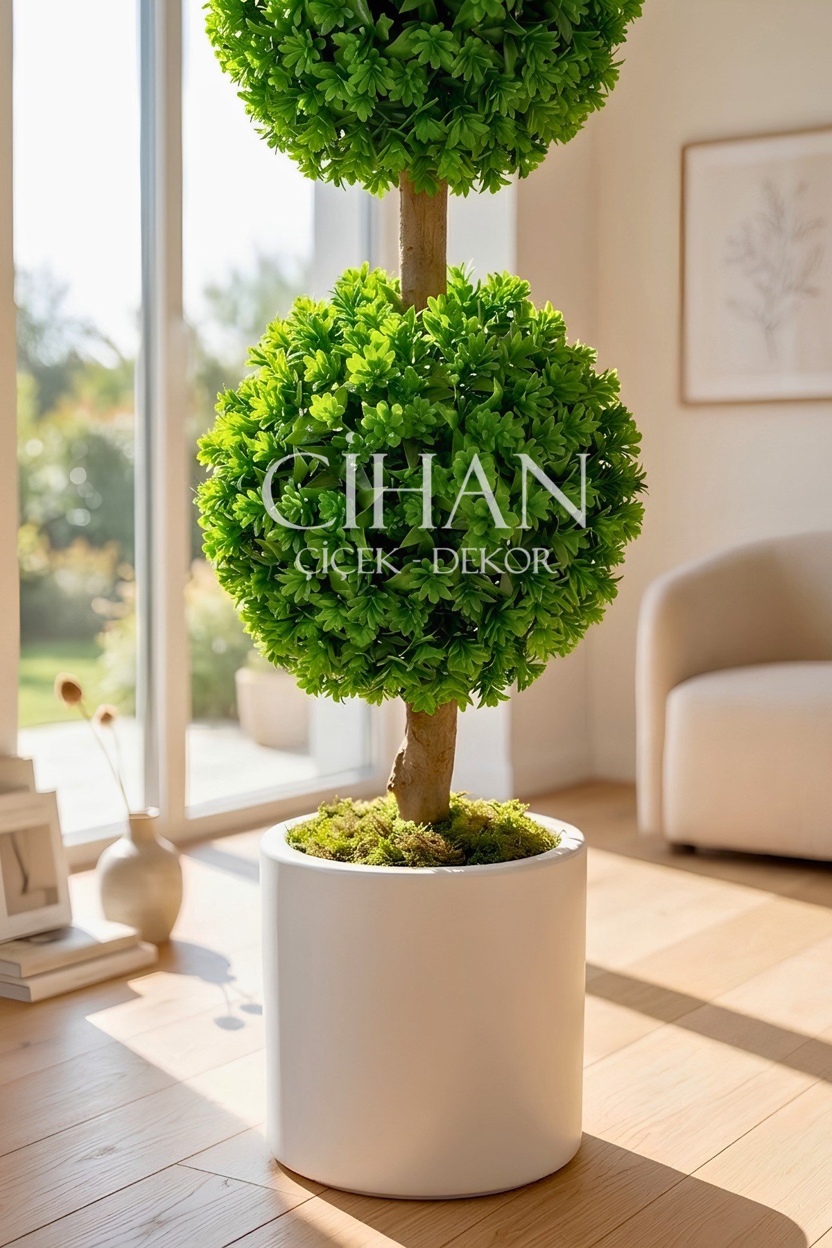 Yapay Çift Katlı Top Şimşir Ağacı U.V. Dayanıklı 100 cm (Şimşir Çapı 35 cm) Plastik Silindir Saksılı
