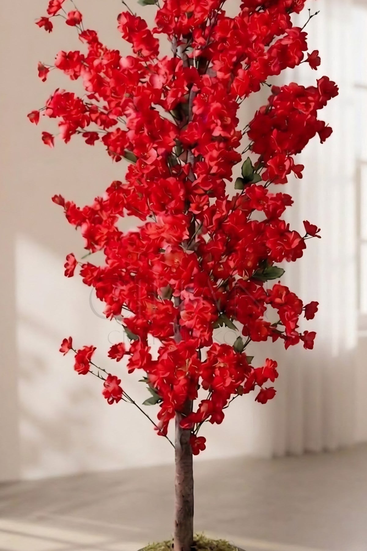 Yapay Kırmızı Bahar Dalı Ağacı 140 cm Küre Saksılı