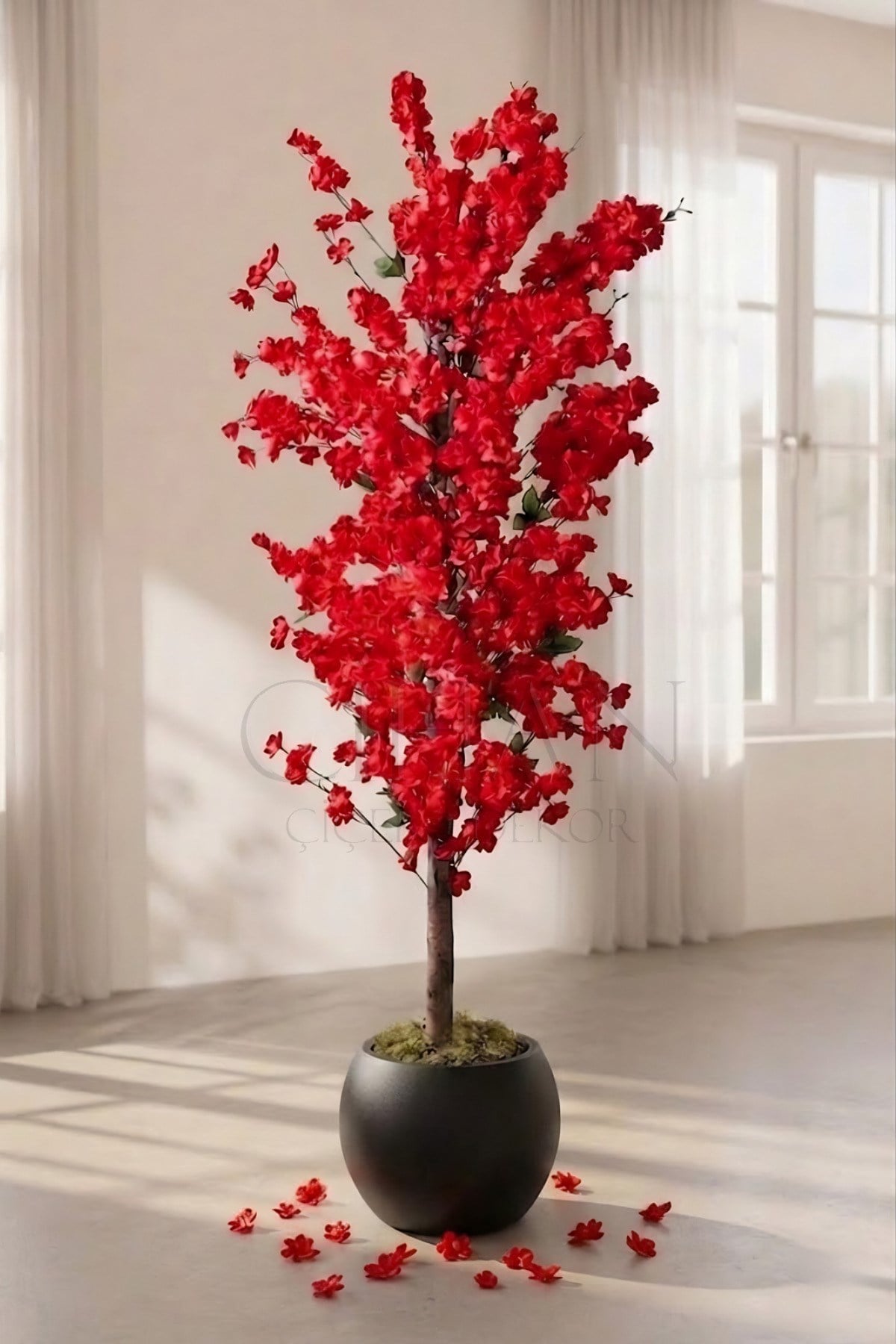 Yapay Kırmızı Bahar Dalı Ağacı 200 cm Küre Saksılı