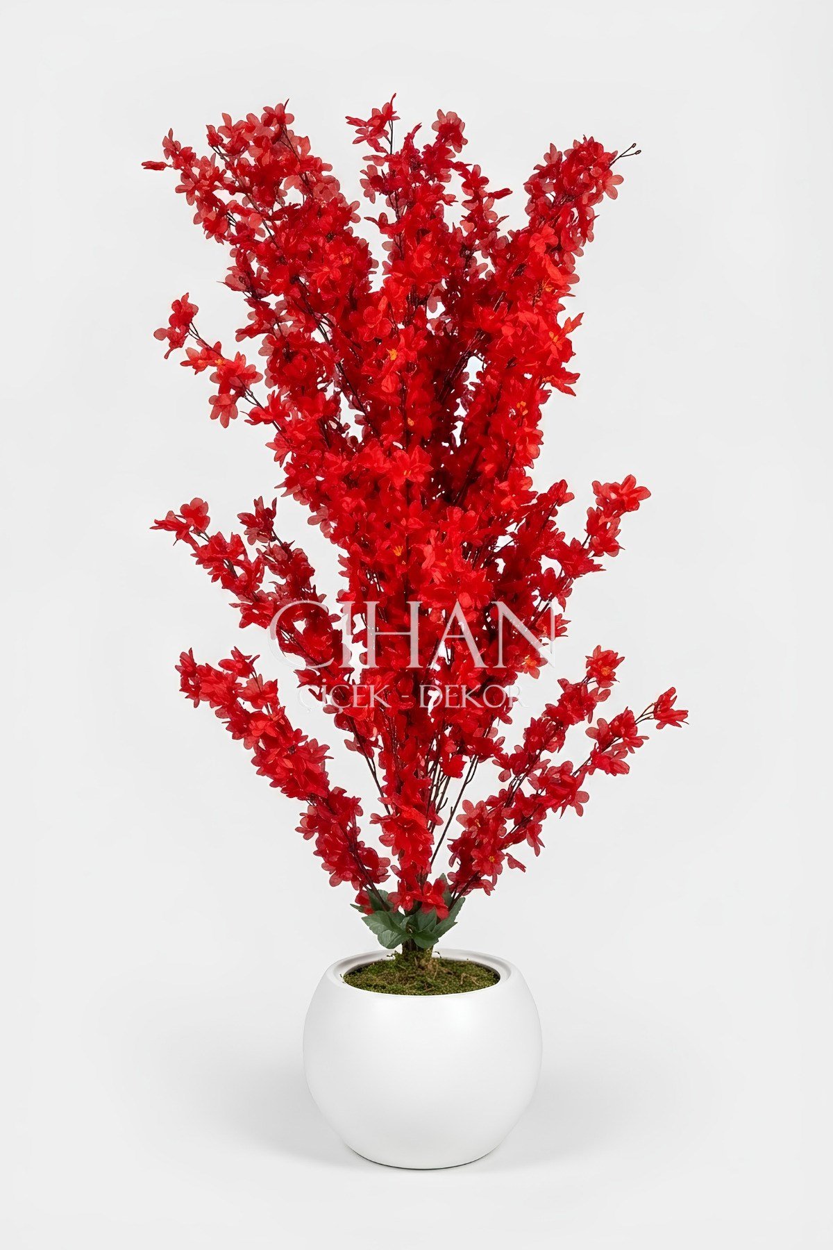 Yapay Kırmızı Sakura Kiraz Çiçeği Ağacı 120 cm - Küre Plastik Saksılı 27x33 cm Saksı