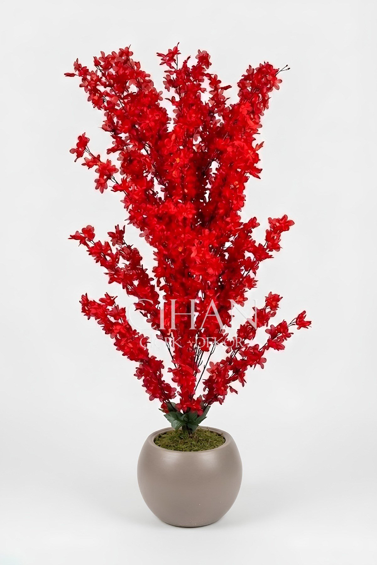 Yapay Kırmızı Sakura Kiraz Çiçeği Ağacı 120 cm - Küre Plastik Saksılı 27x33 cm Saksı