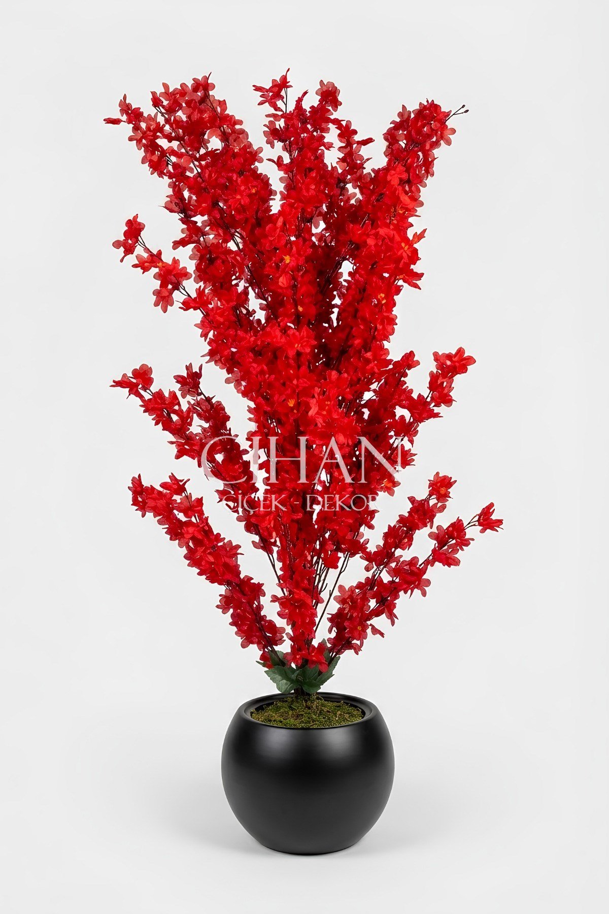 Yapay Kırmızı Sakura Kiraz Çiçeği Ağacı 120 cm - Küre Plastik Saksılı 27x33 cm Saksı